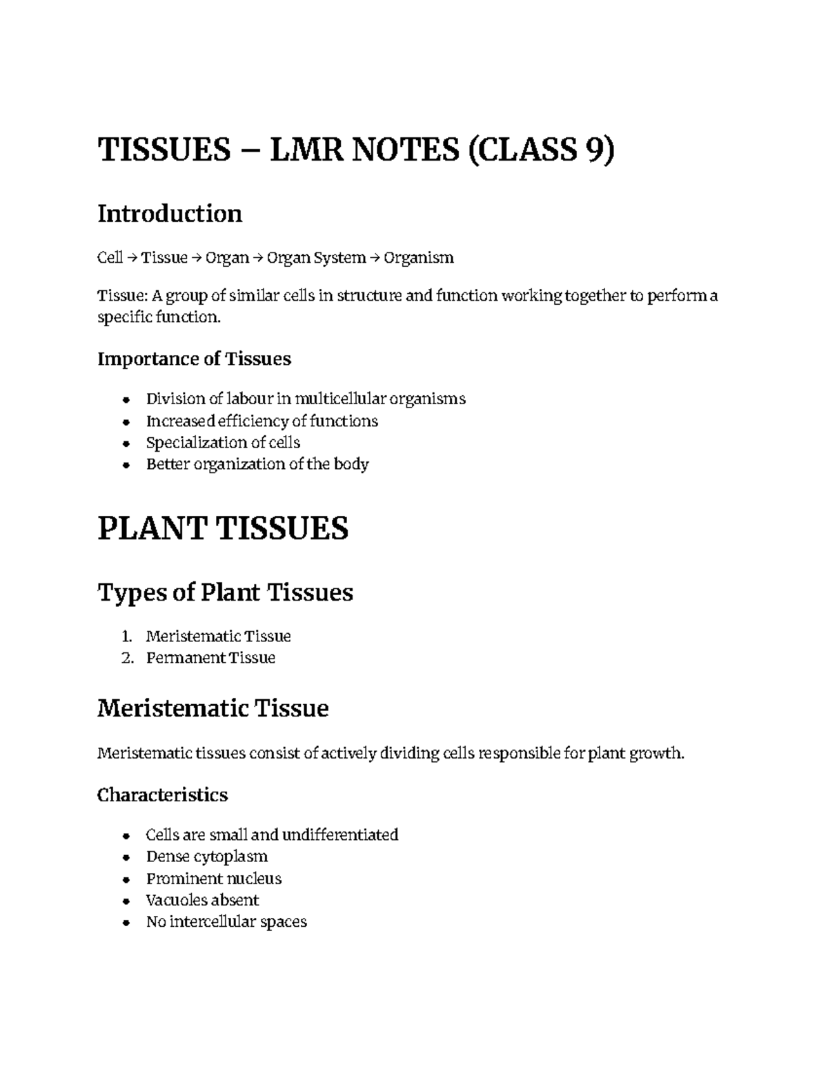 NCERT/CBSE Class 9 Biology: Tissues Last Minute Revision Notes - Studocu