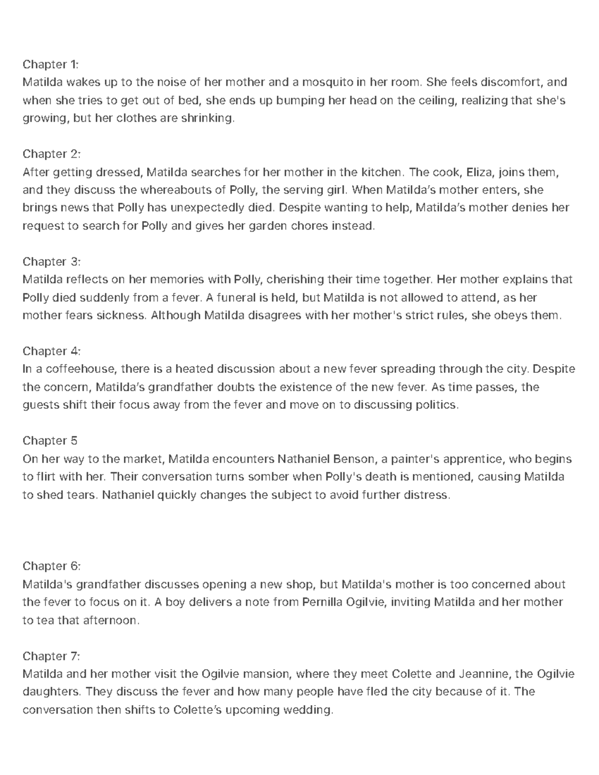 Chapter 1-26 Summary: Matilda's Journey Through the Fever Crisis - Studocu