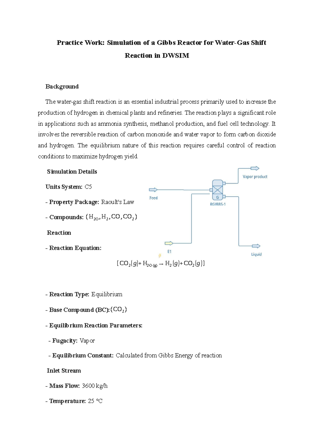 Practice Work: Gibbs Reactor Simulation for Shift Reaction - Studocu