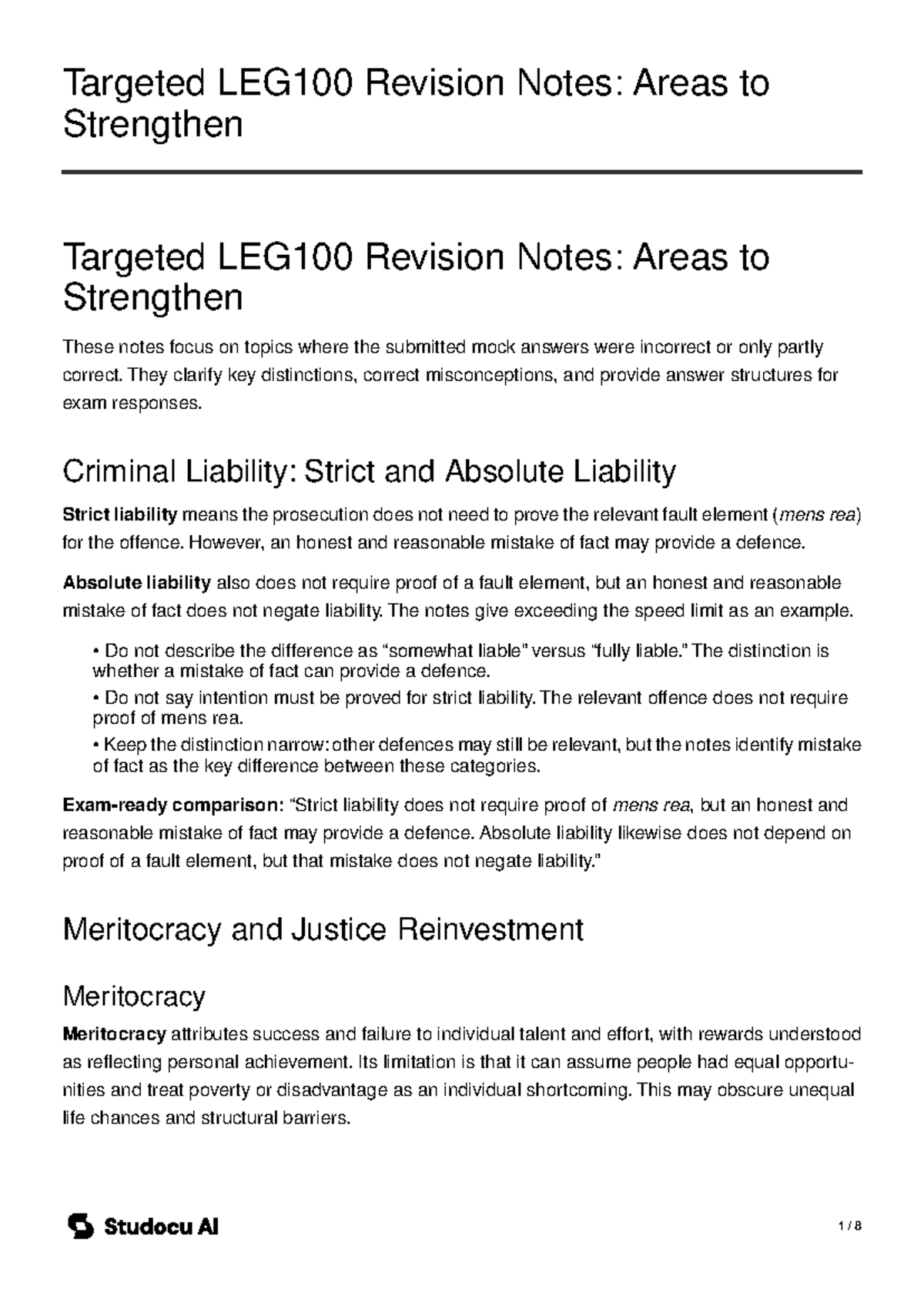 LEG100 Targeted Revision Notes: Key Areas to Strengthen - Studocu