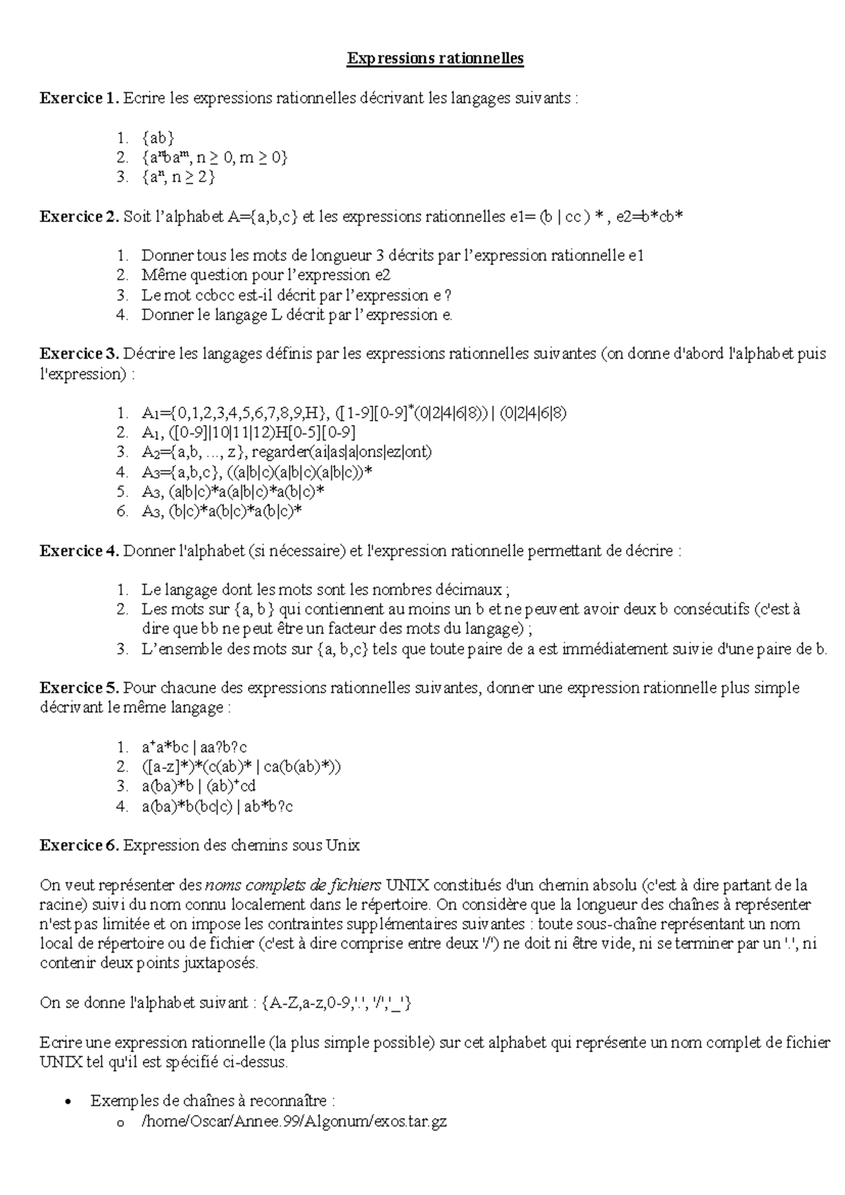 Expressions rationnelles et langages : Exercice et solutions - Studocu