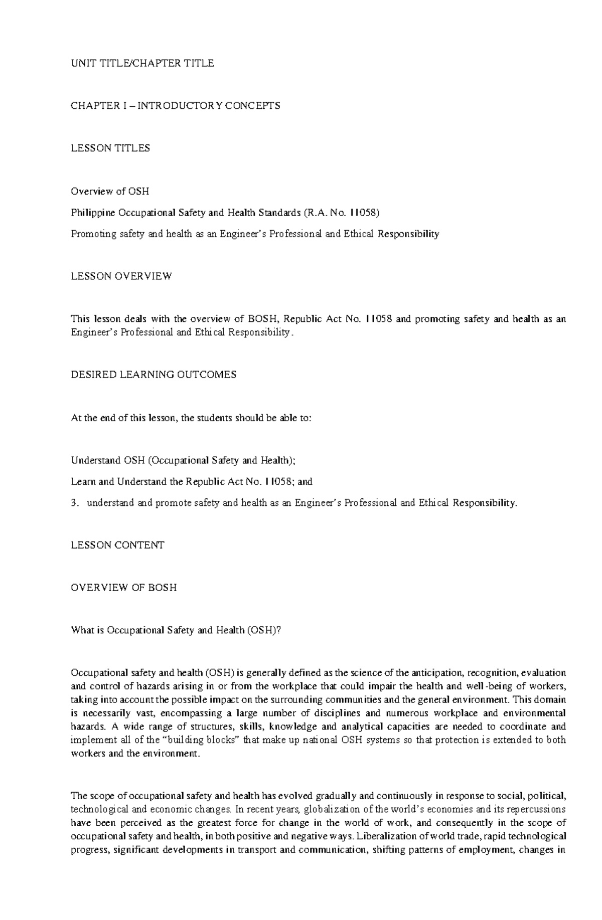 Introduction to OSH: Key Concepts and Standards (BOSH 101) - Studocu