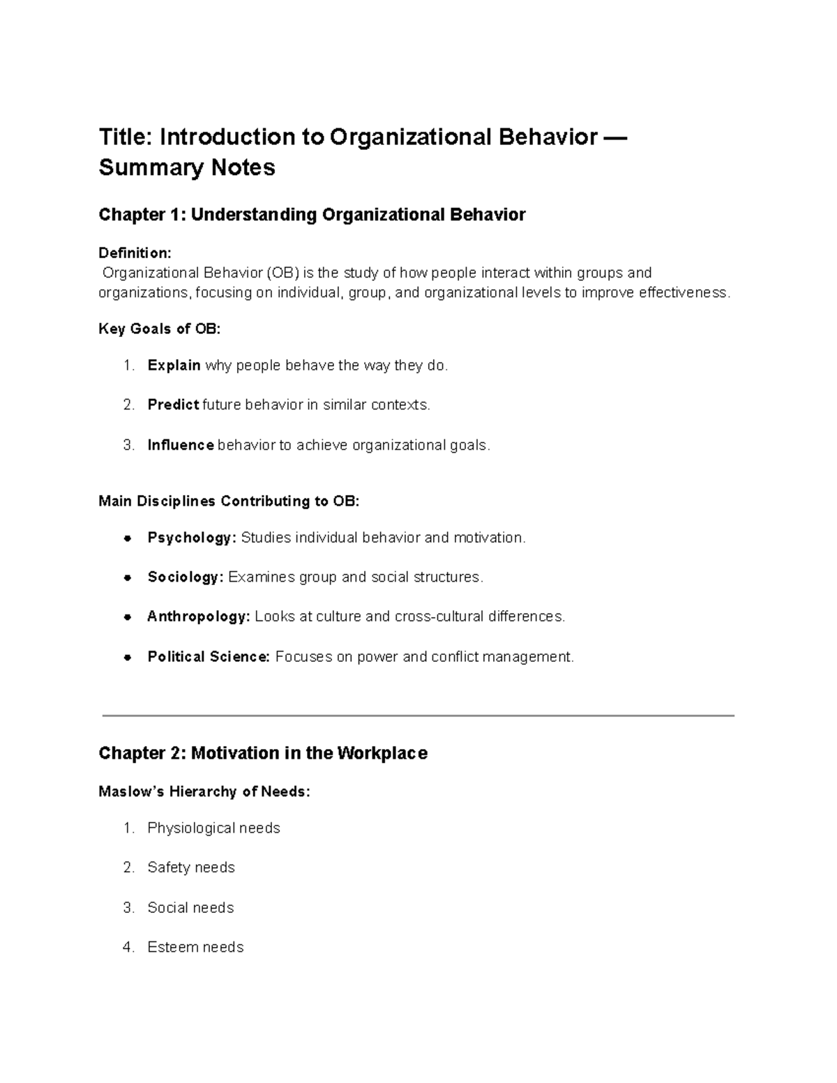 Introduction to Organizational Behavior (OB) - Summary Notes - Studocu