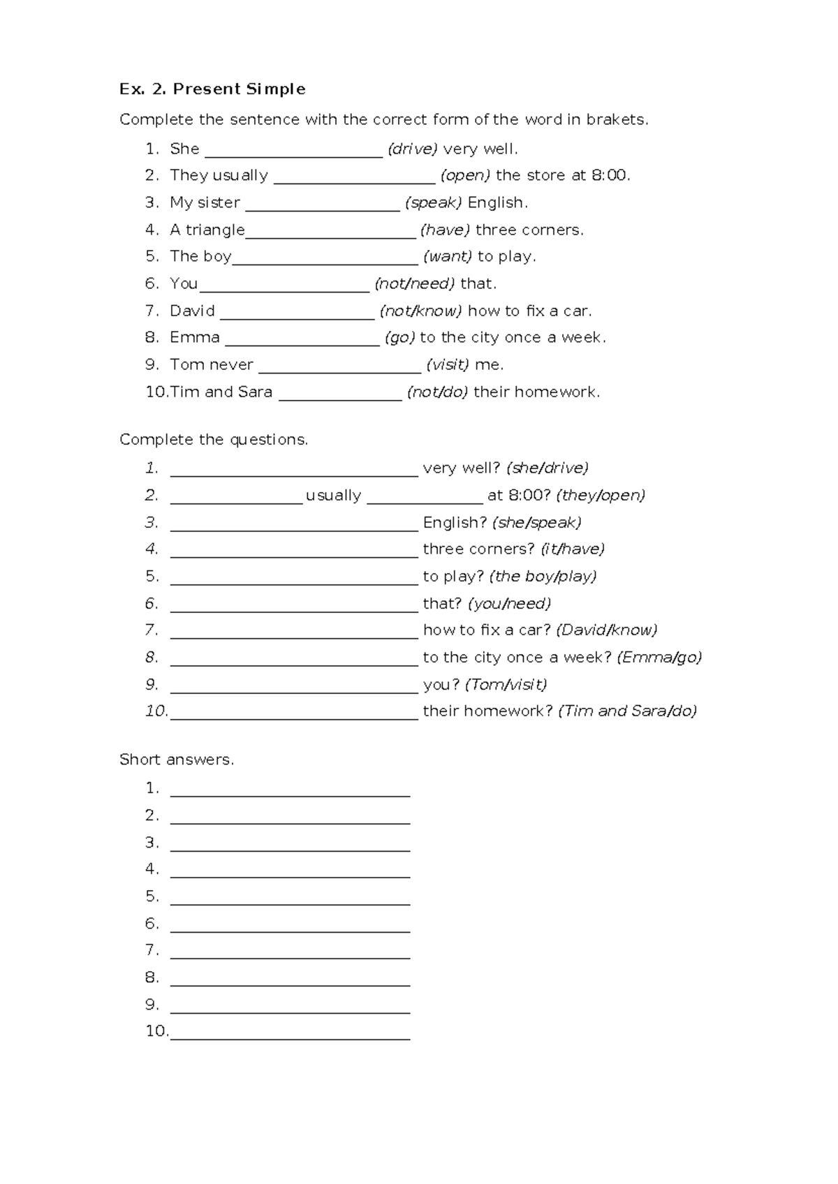 Ex. 2 - Present Simple: Complete the Sentences and Questions - Studocu