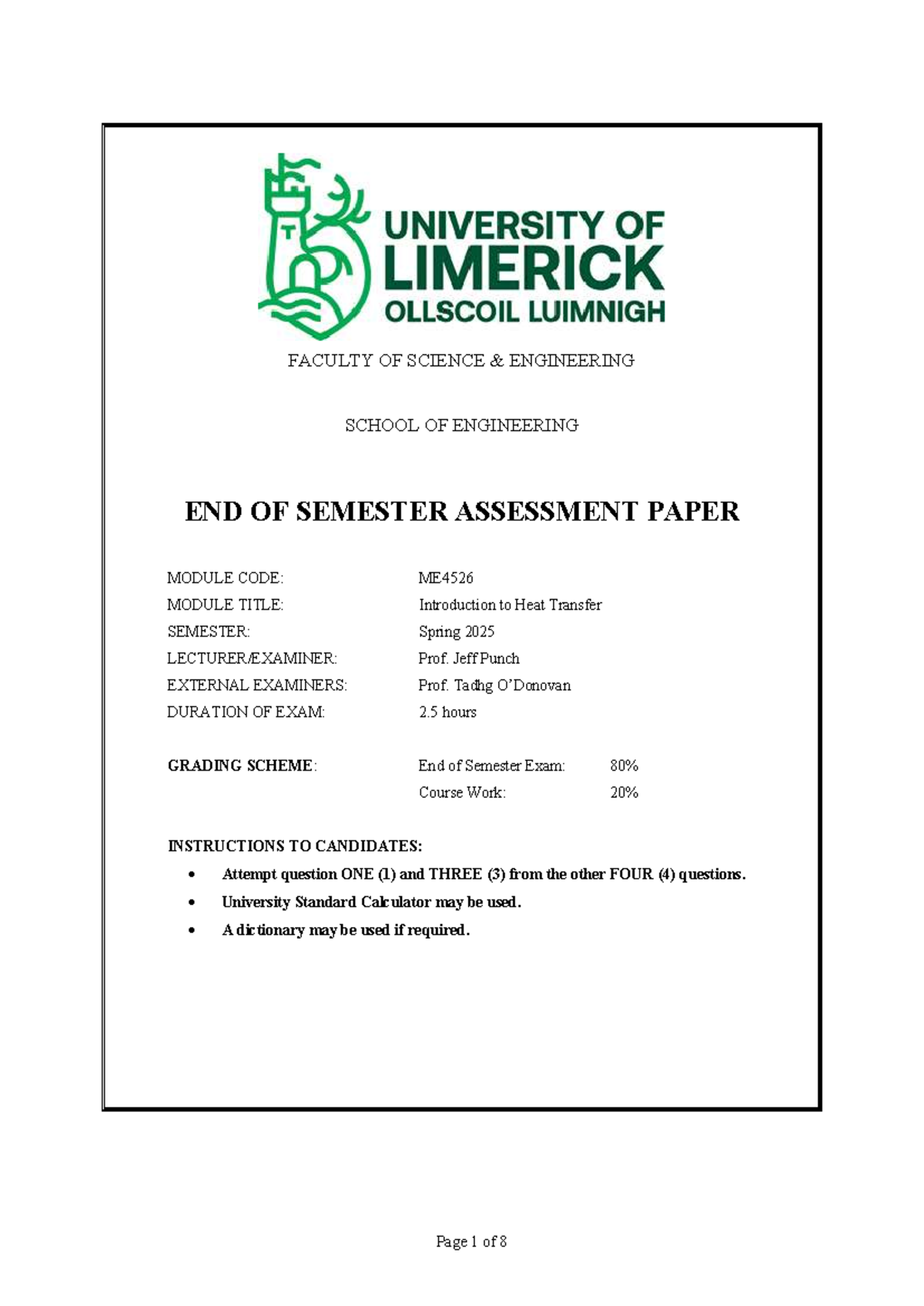 ME4526 Final Exam: Introduction to Heat Transfer - Spring 2025 - Studocu