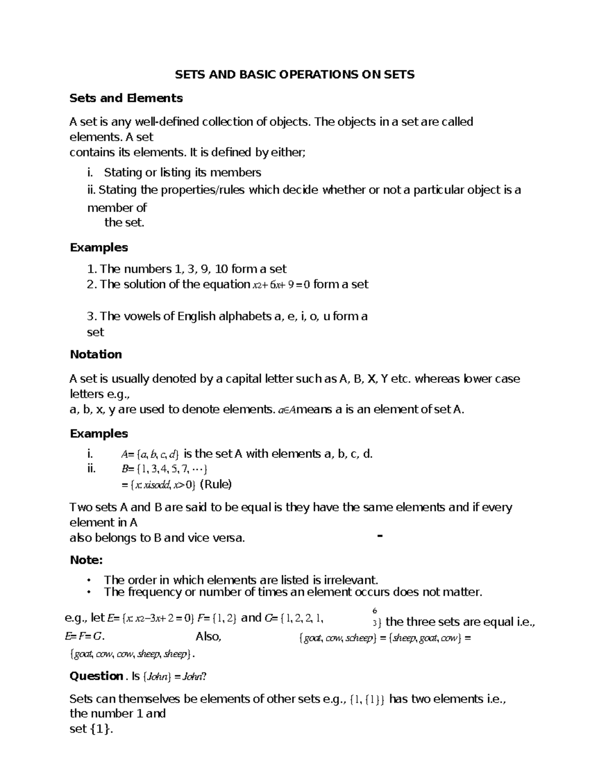 Discrete Mathematics - Notes on Sets and Basic Operations - Document Preview