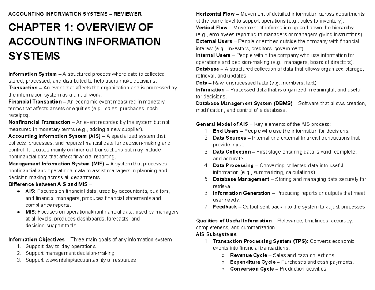 ACCOUNTING INFORMATION SYSTEMS REVIEWER CHAPTER 1: AIS OVERVIEW - Studocu