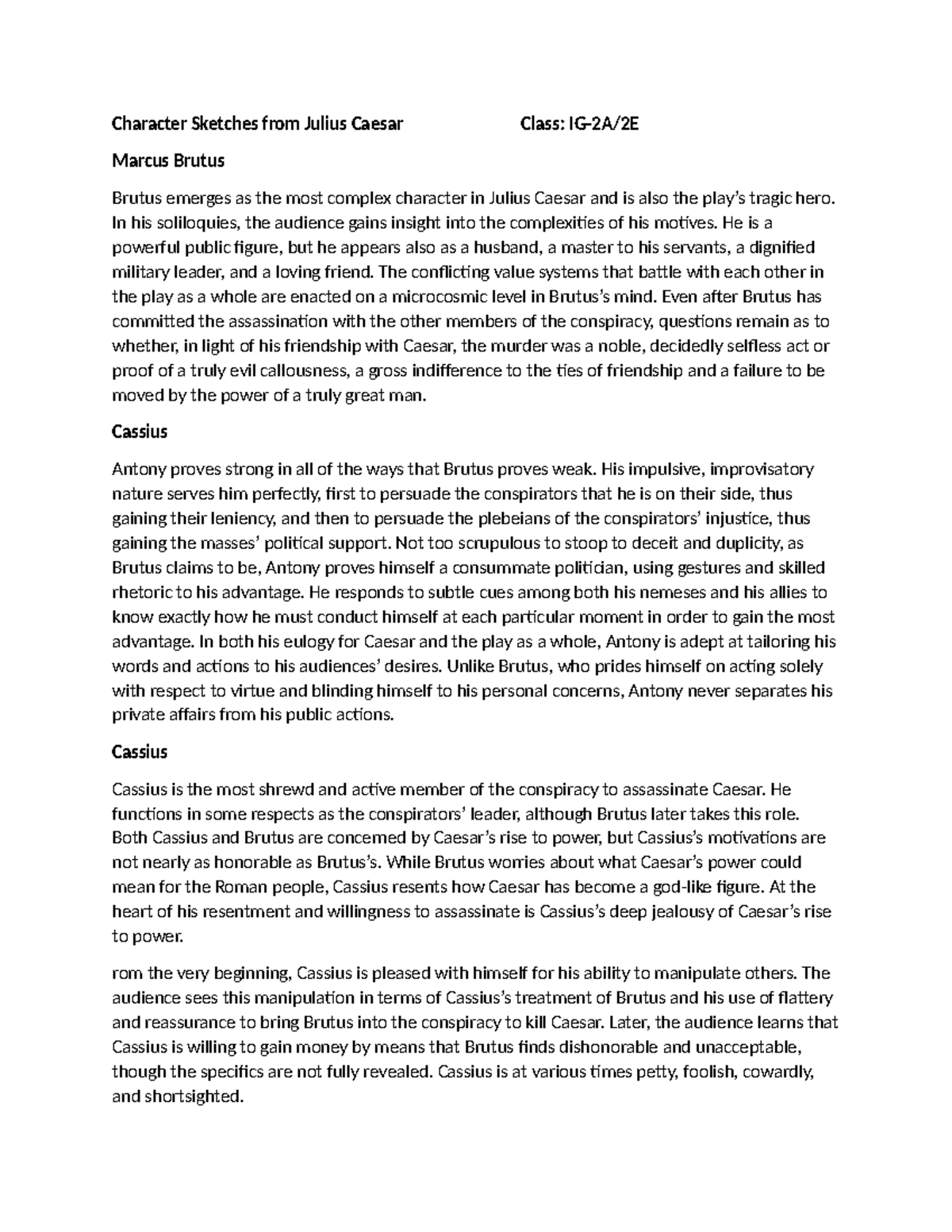 Character Sketches of Brutus & Cassius in Julius Caesar (ENG 101) - Studocu