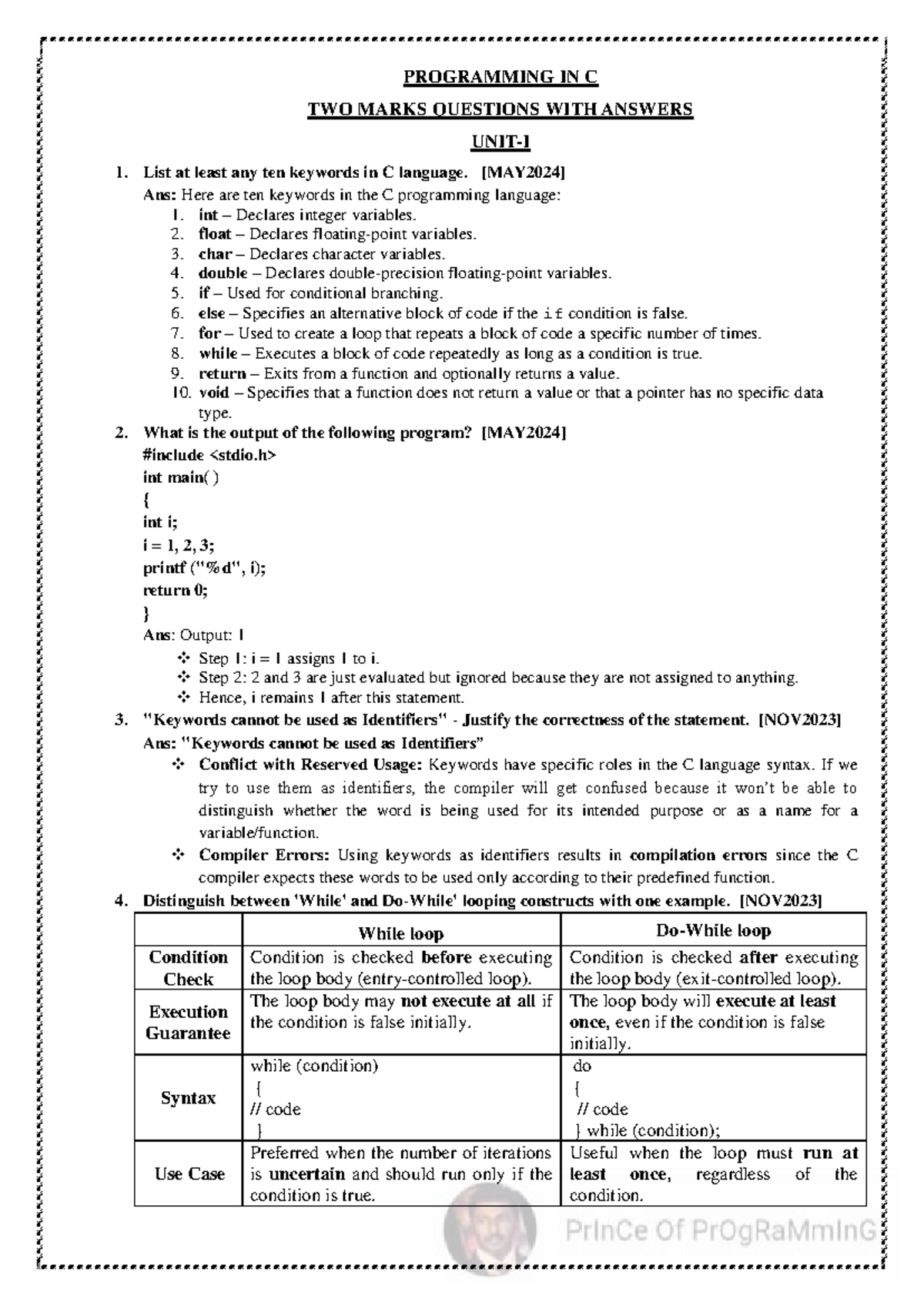 CS3251 Programming in C: Two Marks Q&A Guide - Studocu