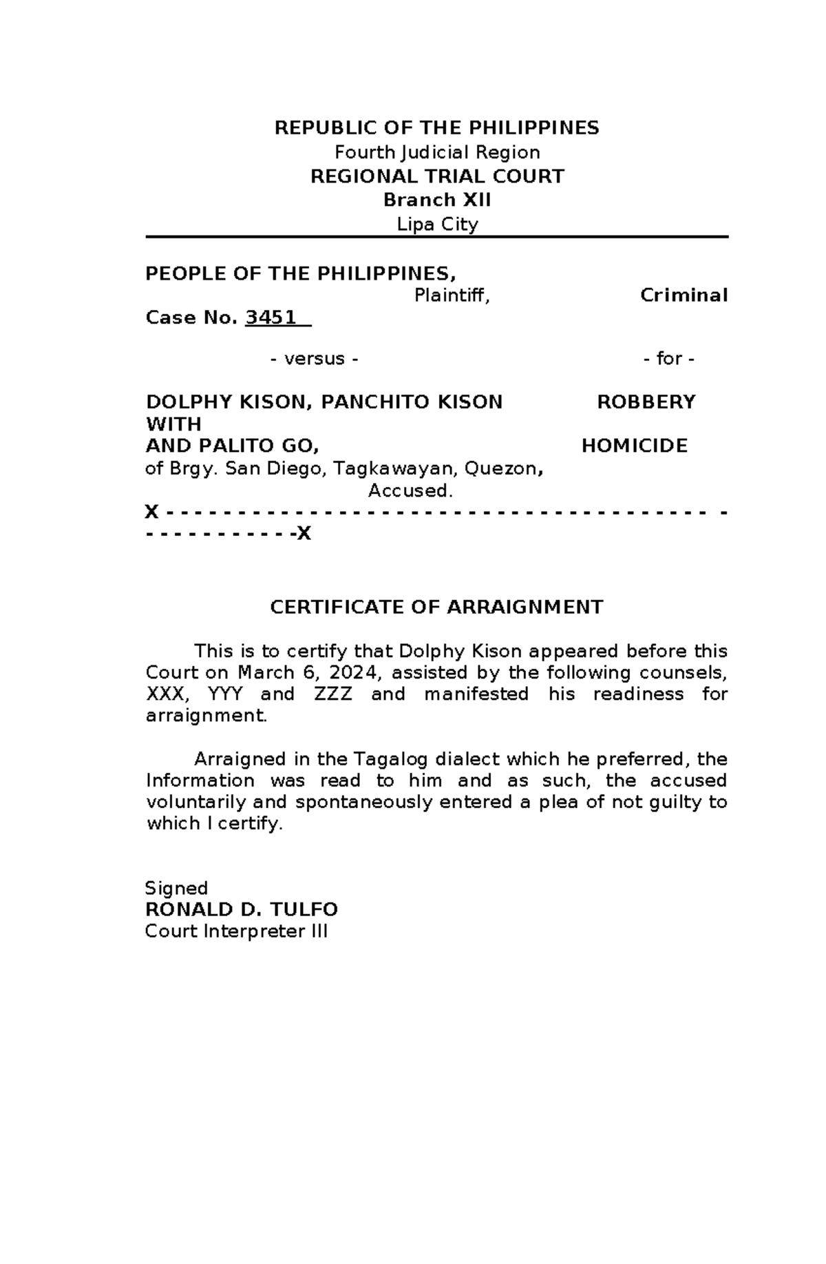 Certificate of Arraignment for Criminal Case No. 3451 - Studocu