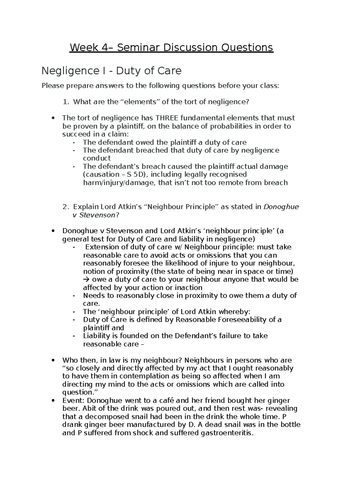 LAW 101 - Week 4 Seminar Notes on Negligence and Duty of Care - Studocu