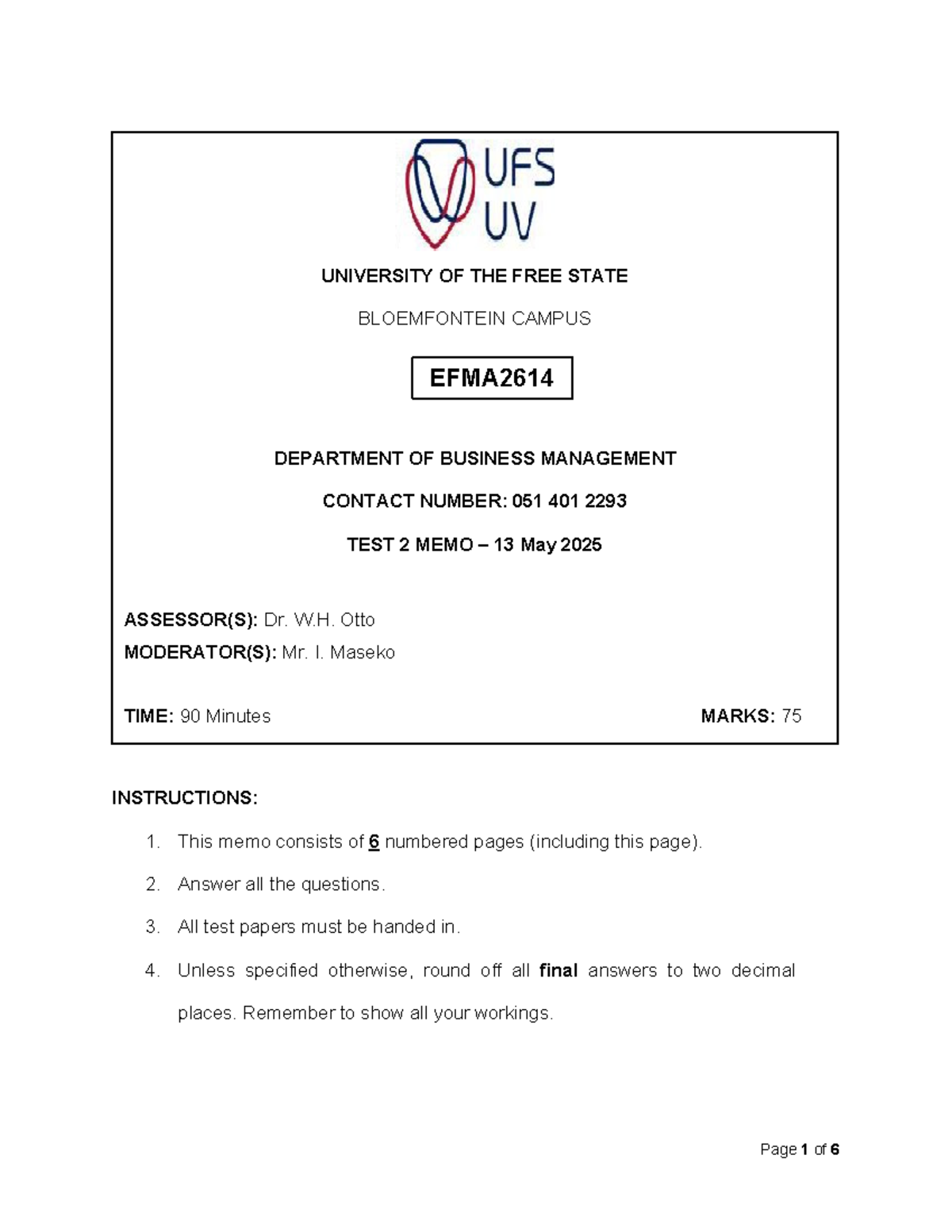EFMA2614 Test 2 2025 - Solutions and Memo for Students - Studocu