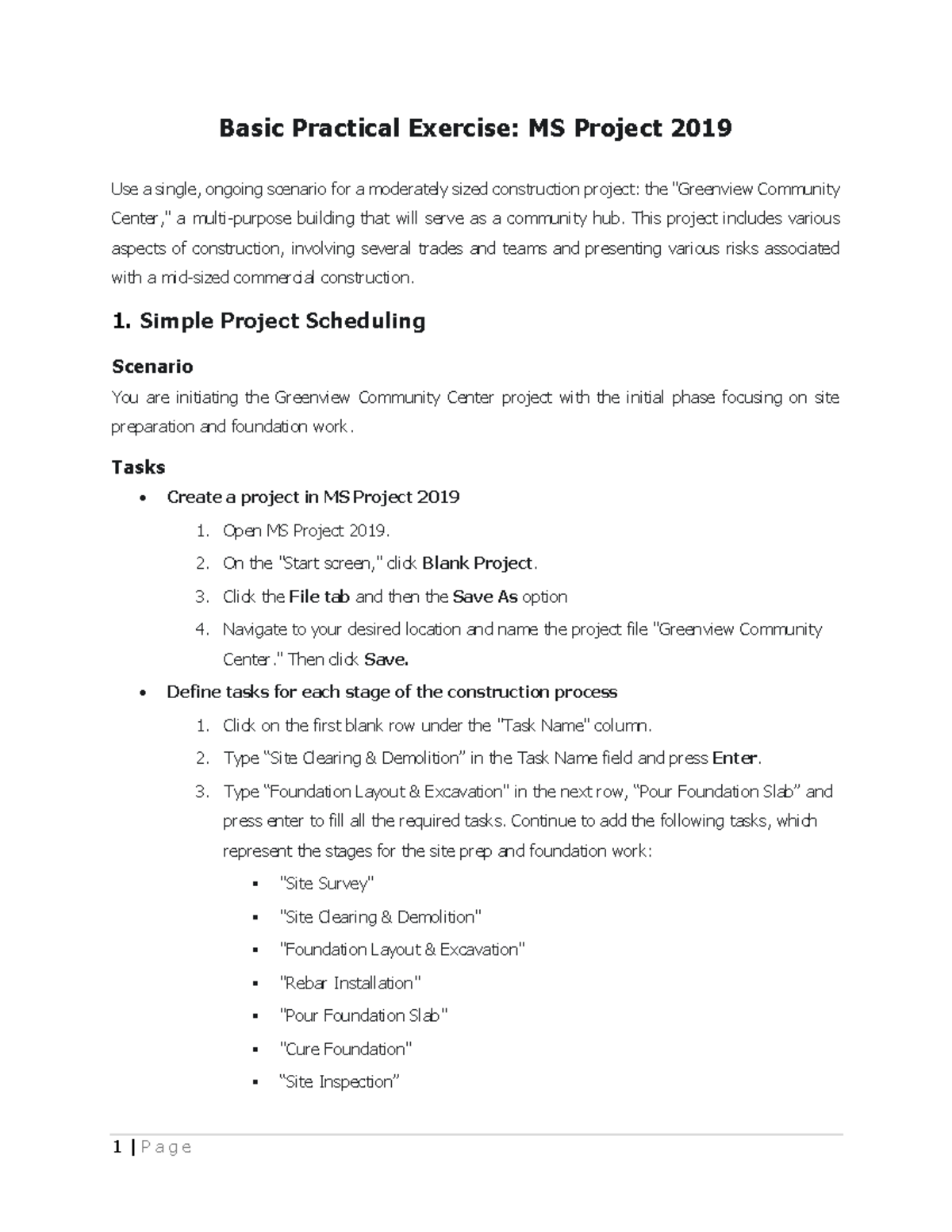 Basic Practical Exercise: MS Project 2019 for Greenview Community ...