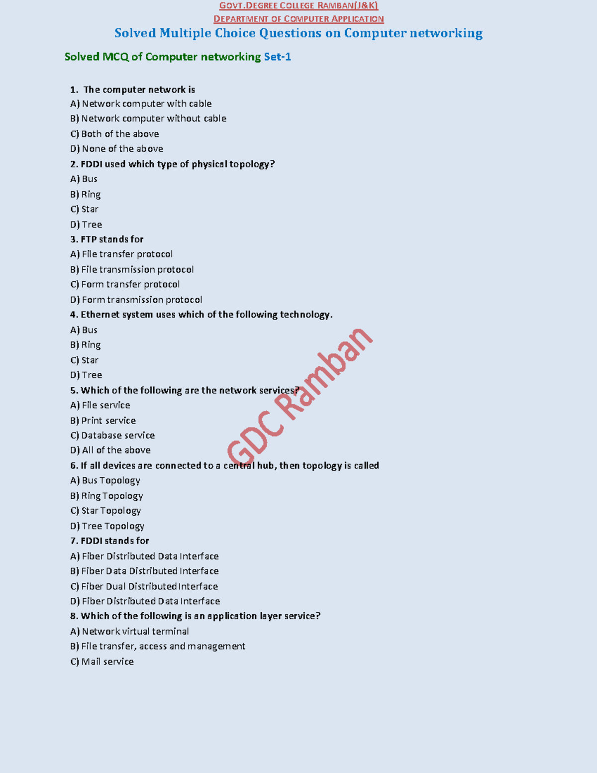 Solved MCQs on Computer Networking - Revision Questions - COA 101 - Studocu