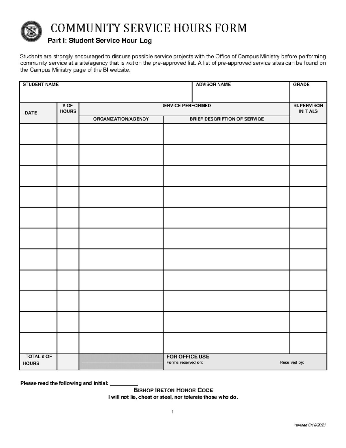 BI Community Service Hours Form (Revised 6/18) - Studocu