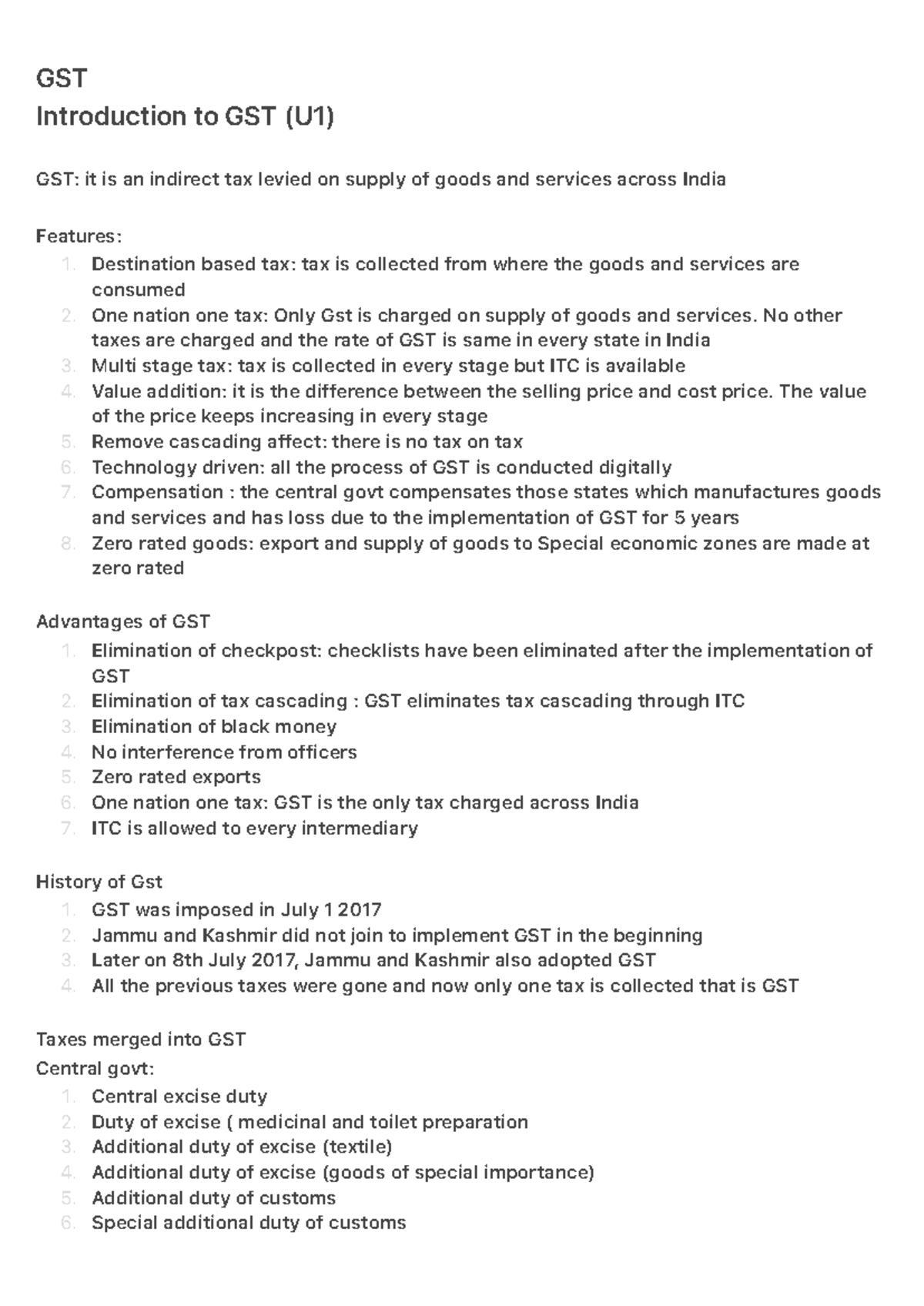 GST - Comprehensive Notes on Goods and Services Tax (U1-U5) - Studocu