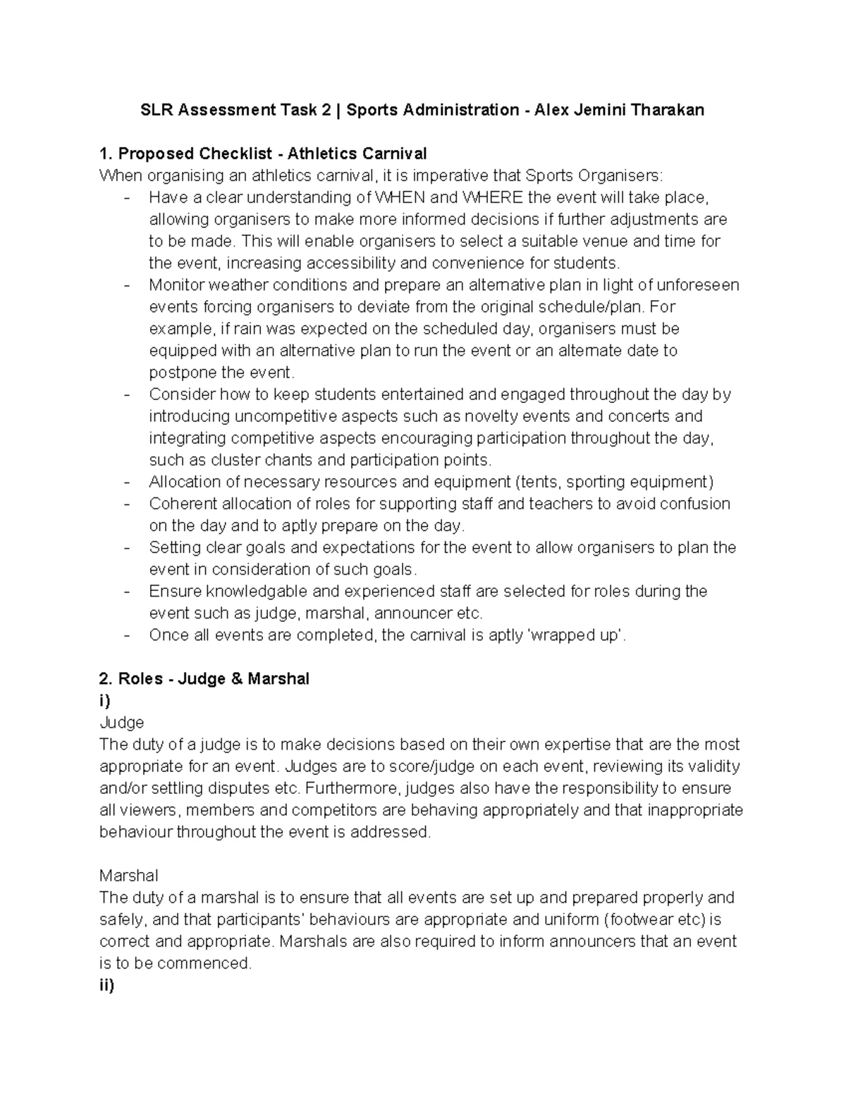 SLR Assessment Task 2: Checklist for Planning Athletics Carnival - Studocu