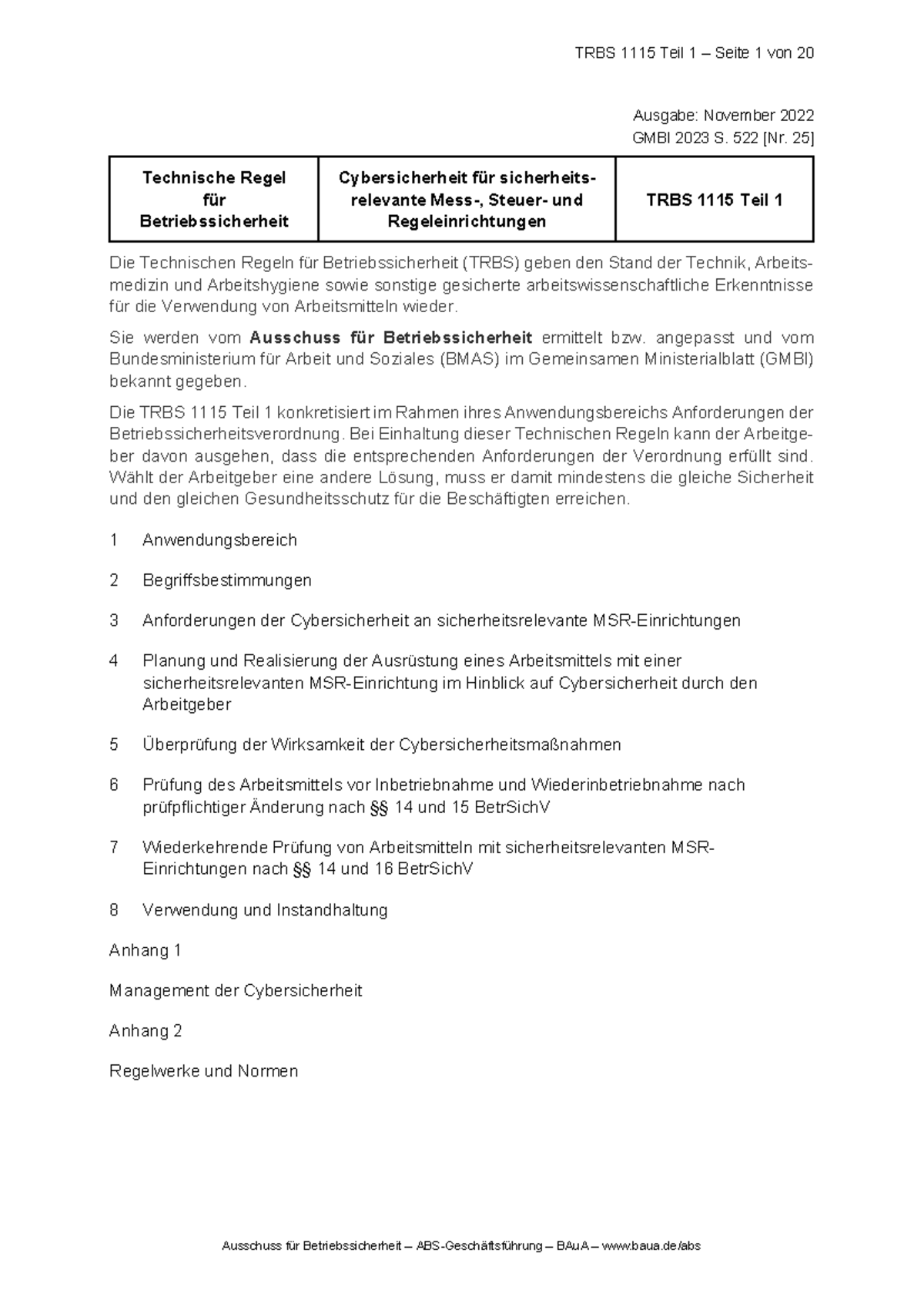 TRBS 1115 Teil 1 - Technische Regel für Cybersicherheit in MSR ...