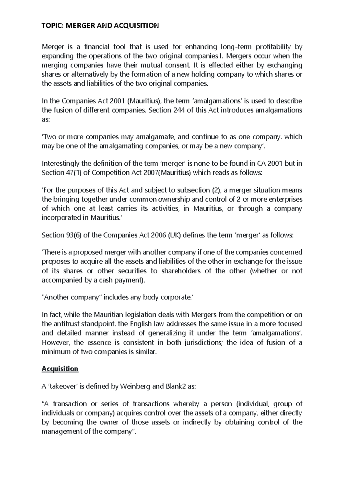 Merger and Acquisition Essay - TOPIC: MERGER AND ACQUISITION Merger is ...