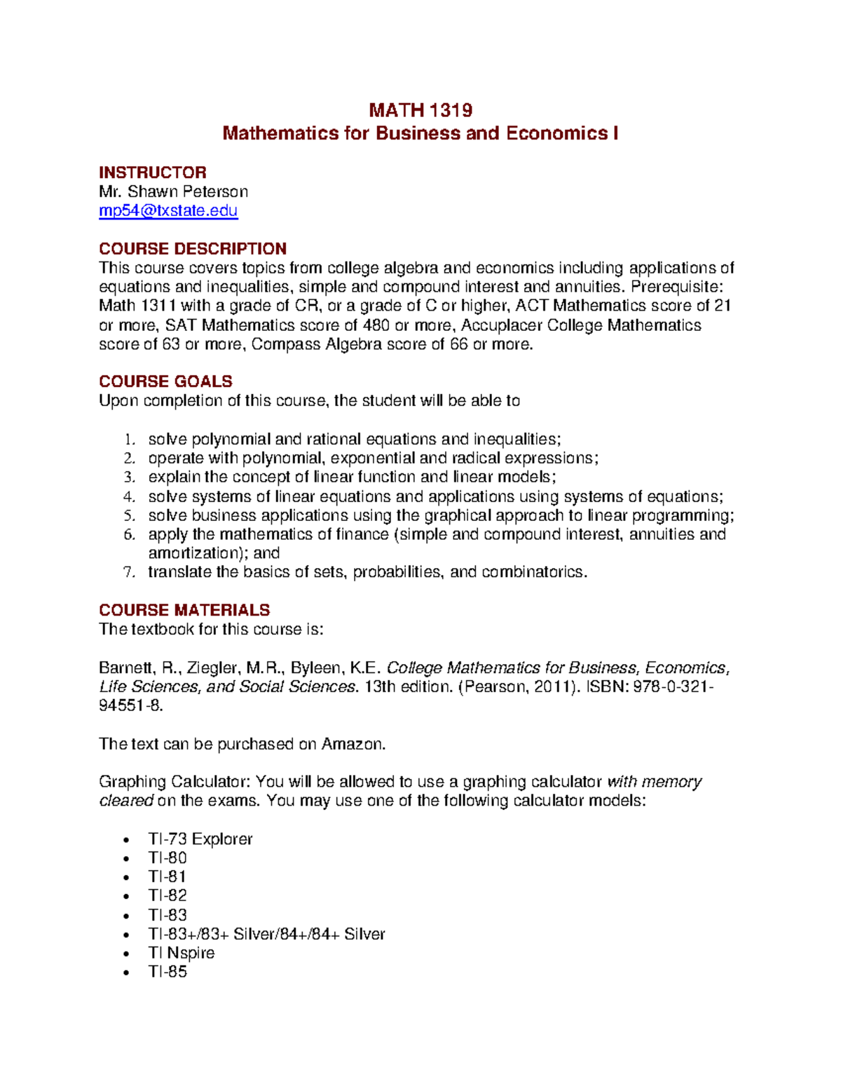 MATH 1319 Syllabus - Summary Mathematics for Business and Economics I ...