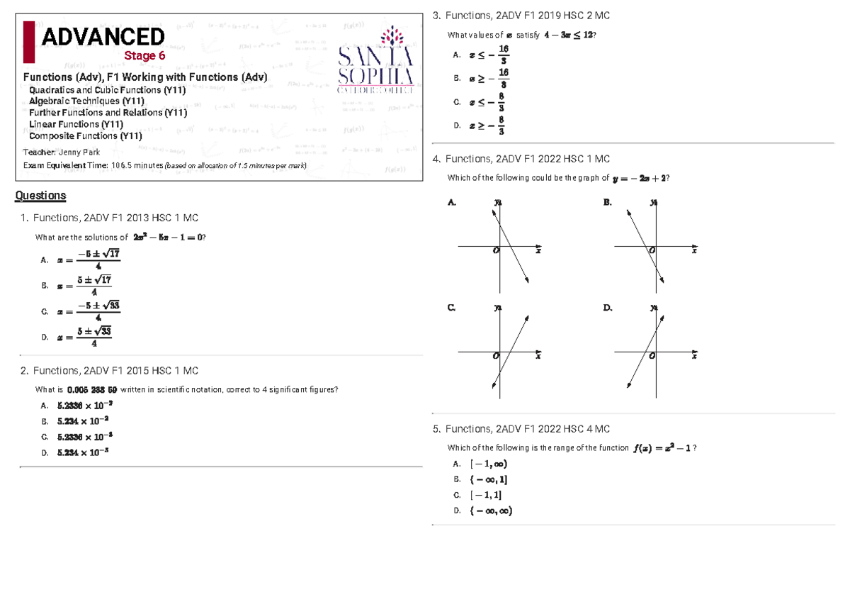 Functions Study Guide: 2ADV F1 HSC Exam Prep (2010-2024) - Studocu