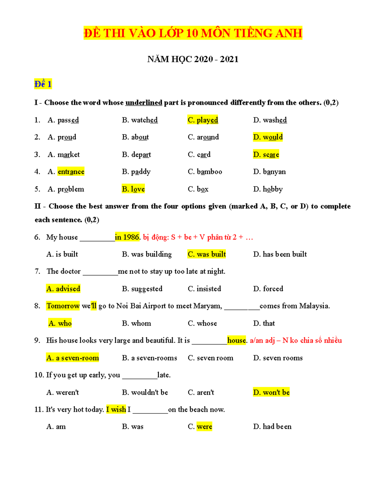 10 de luyen thi vao lop 10 mon tieng anh - ĐỀ THI VÀO LỚP 10 MÔN TIẾNG ...