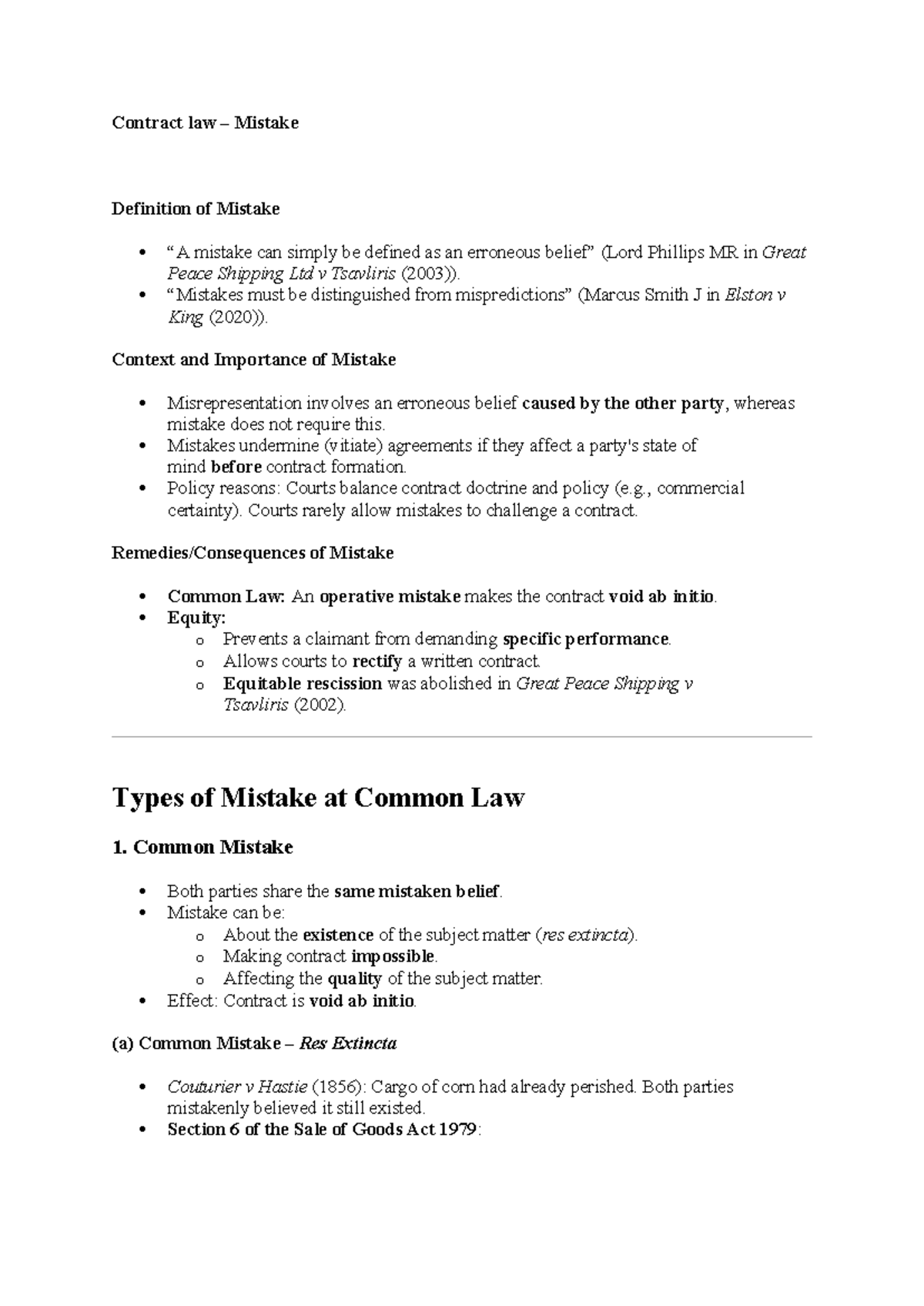 Contract Law (LAW101): Understanding Mistakes in Contracts - Studocu