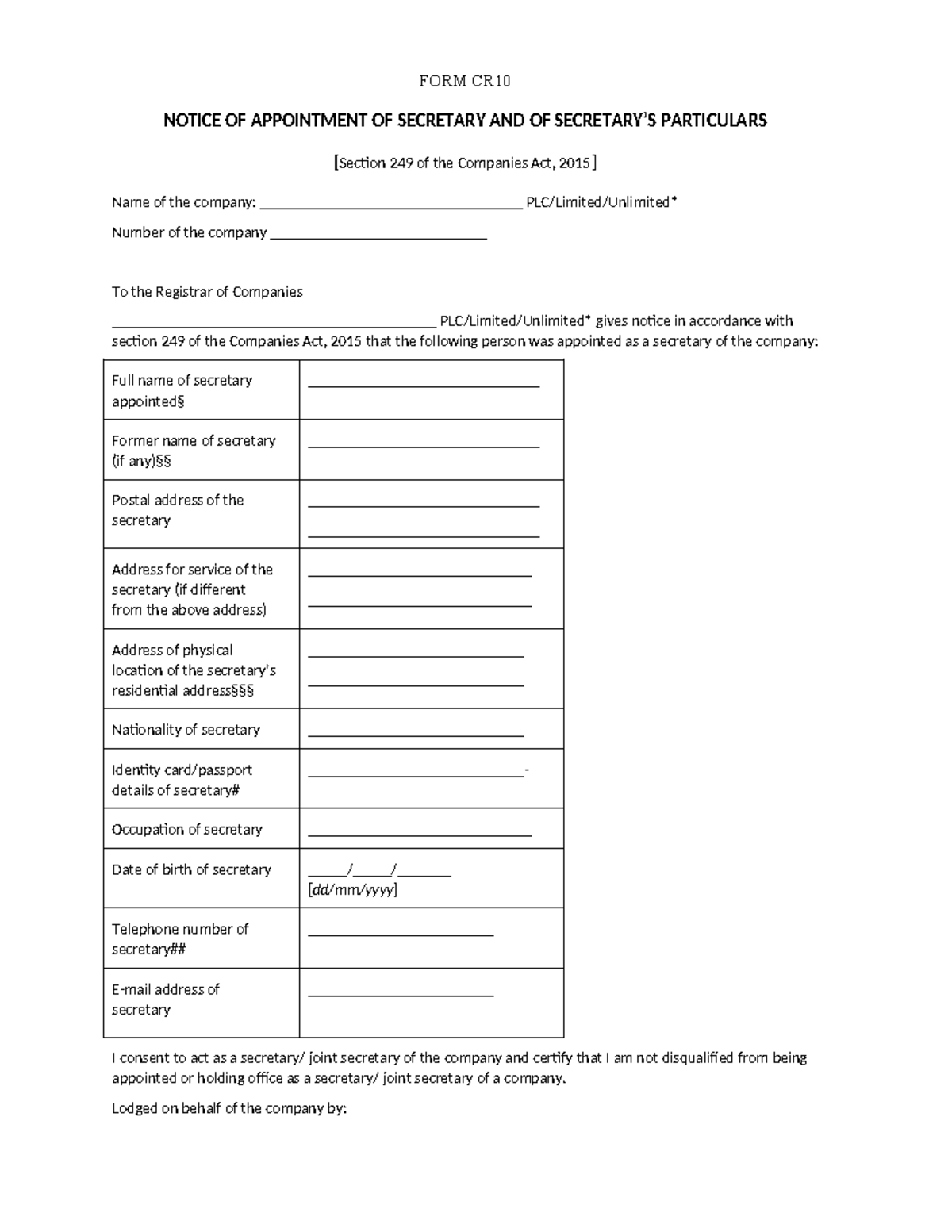 CR10 - Notice of Appointment of Secretary Form Guidance - Studocu
