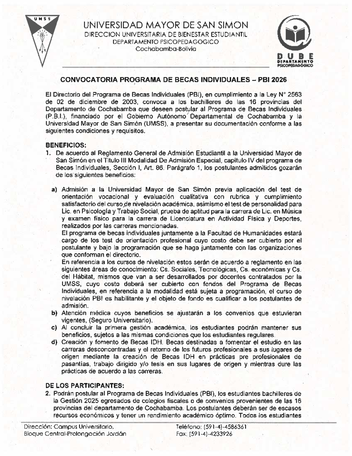 Convocatoria Programa de Becas Individuales (PBI) 2026 - UMSS - Studocu