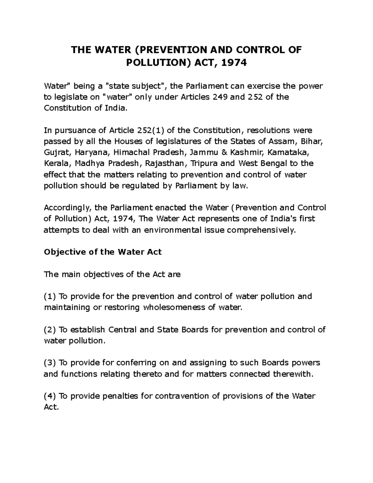 THE Water ( Prevention AND Control OF Pollution) ACT 1974 - THE WATER ...
