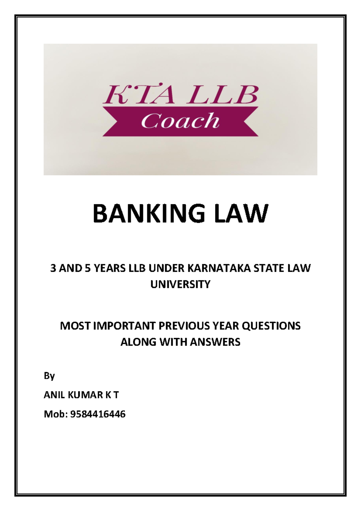 KSLU Banking Law: Major Previous Year Questions & Answers - Document Preview