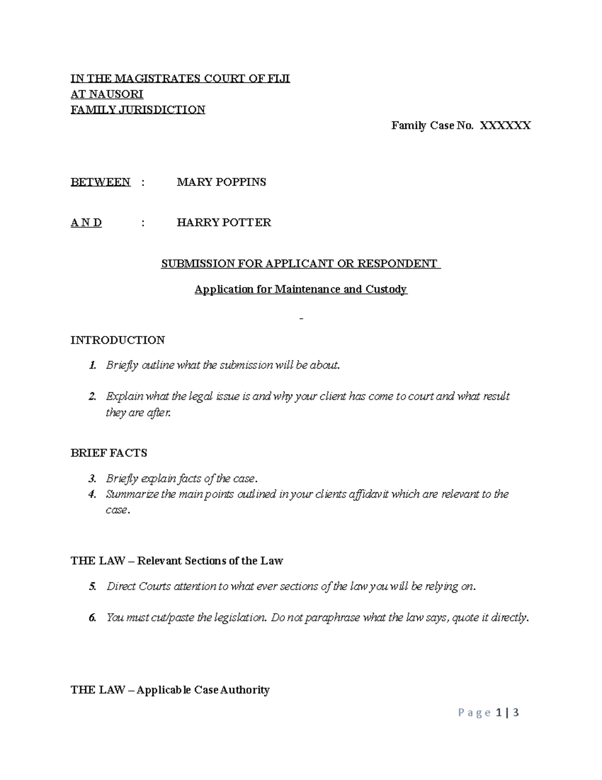 Family Case Submissions: Maintenance & Custody Application (Fam Law ...