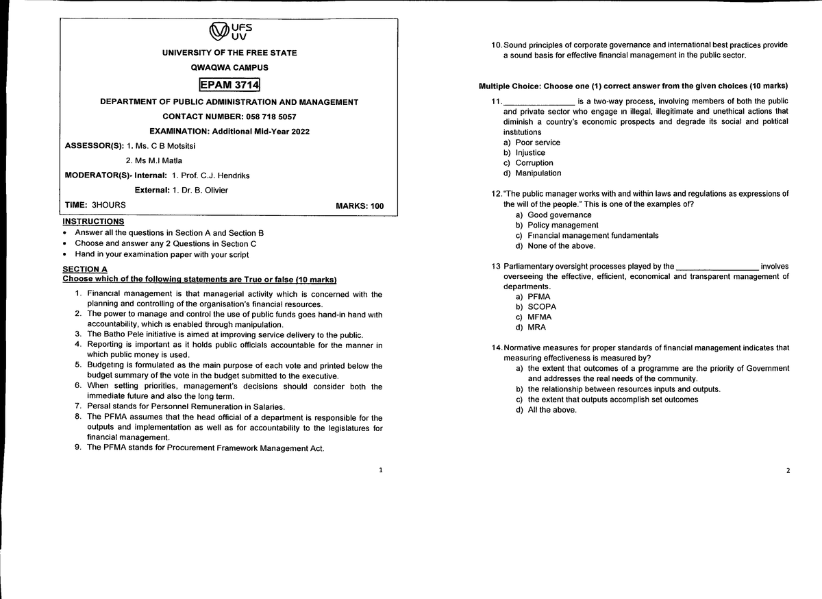 UFS 371E Public Administration & Management Exam Notes 2022 - Studocu
