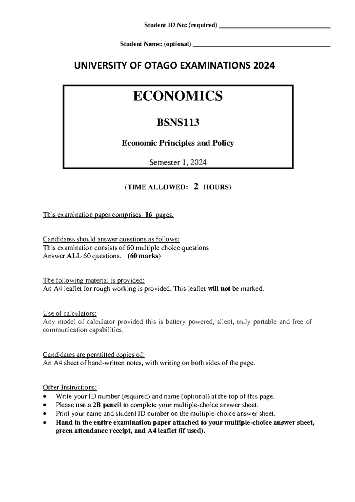 Final Exam BSNS113 2024 S1 - Economic Principles & Policy - Studocu