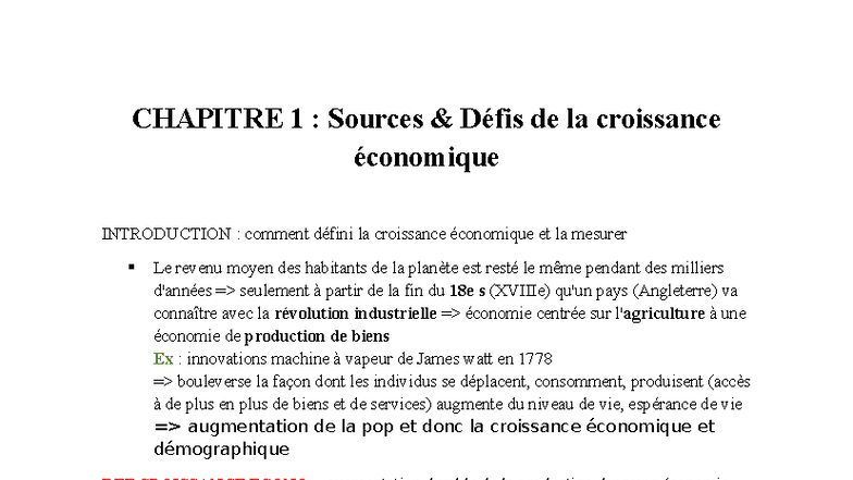 Fiche de Révision : Chapitre 1 - Sources et Défis de la Croissance Éco ...