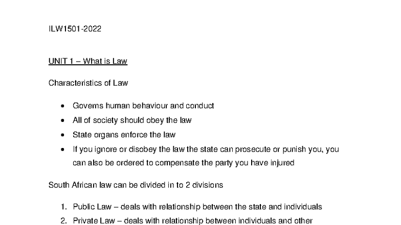 ILW1501 Unit 1-7: Overview of South African Law and Rights - Studocu
