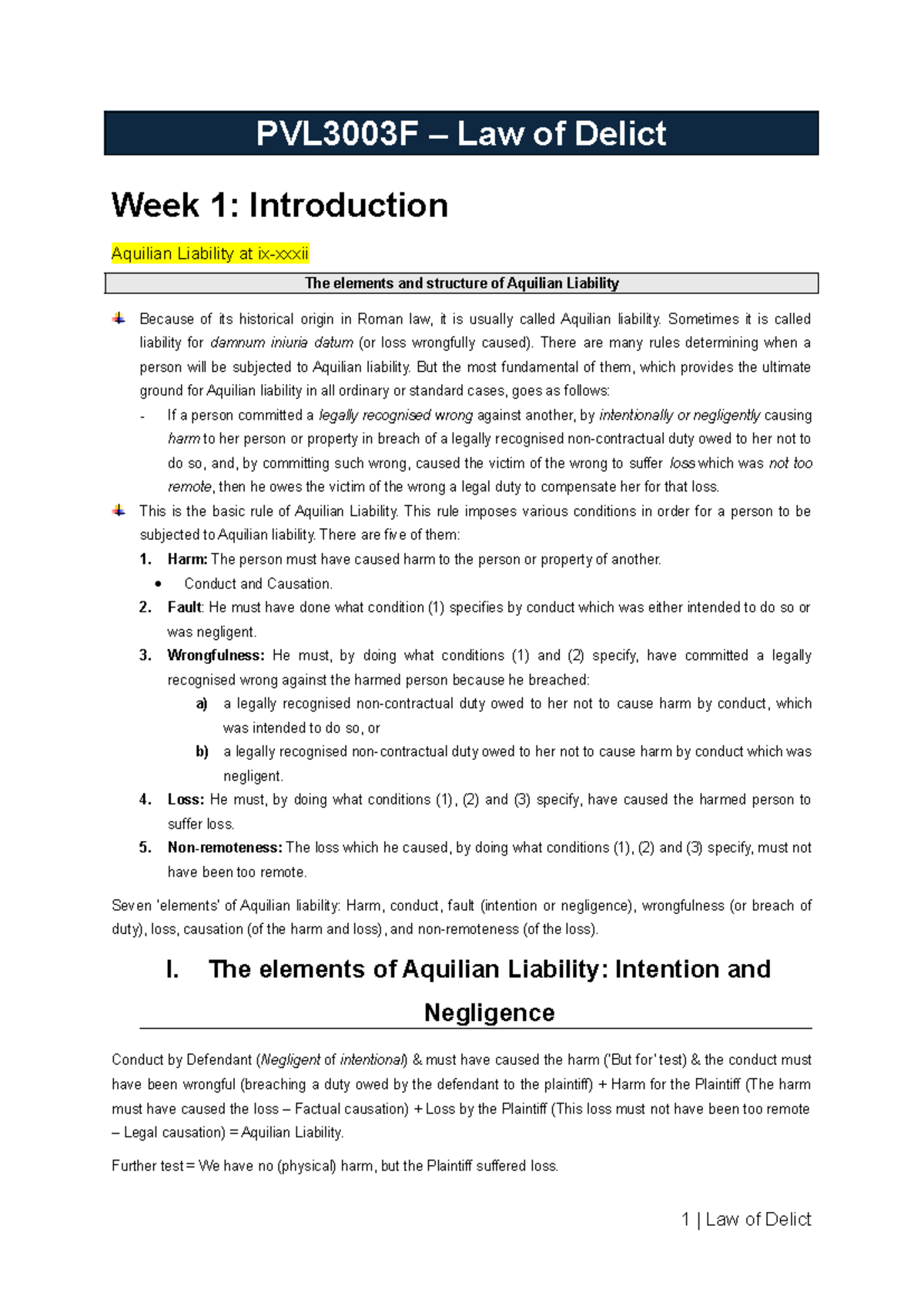 PVL3003F - Delict Notes: Understanding Aquilian Liability Elements ...