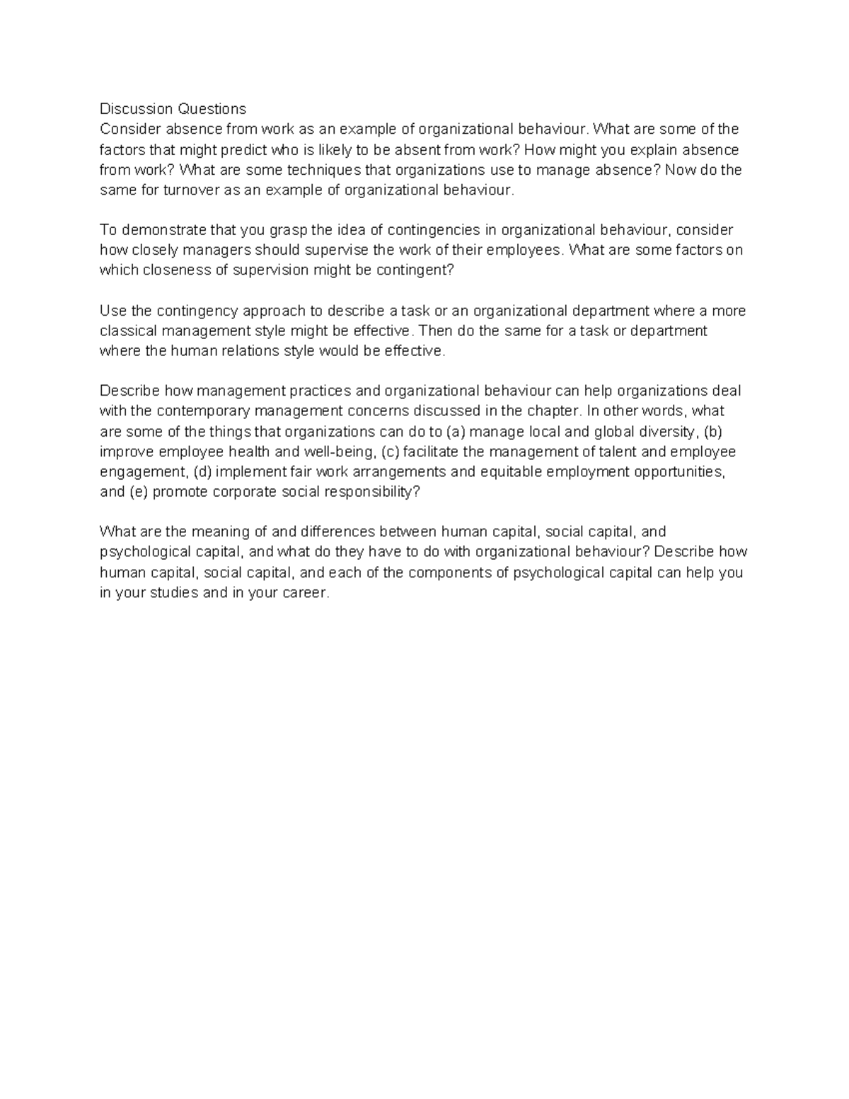 Discussion Questions on Organizational Behaviour - ADMS 2400 - Studocu