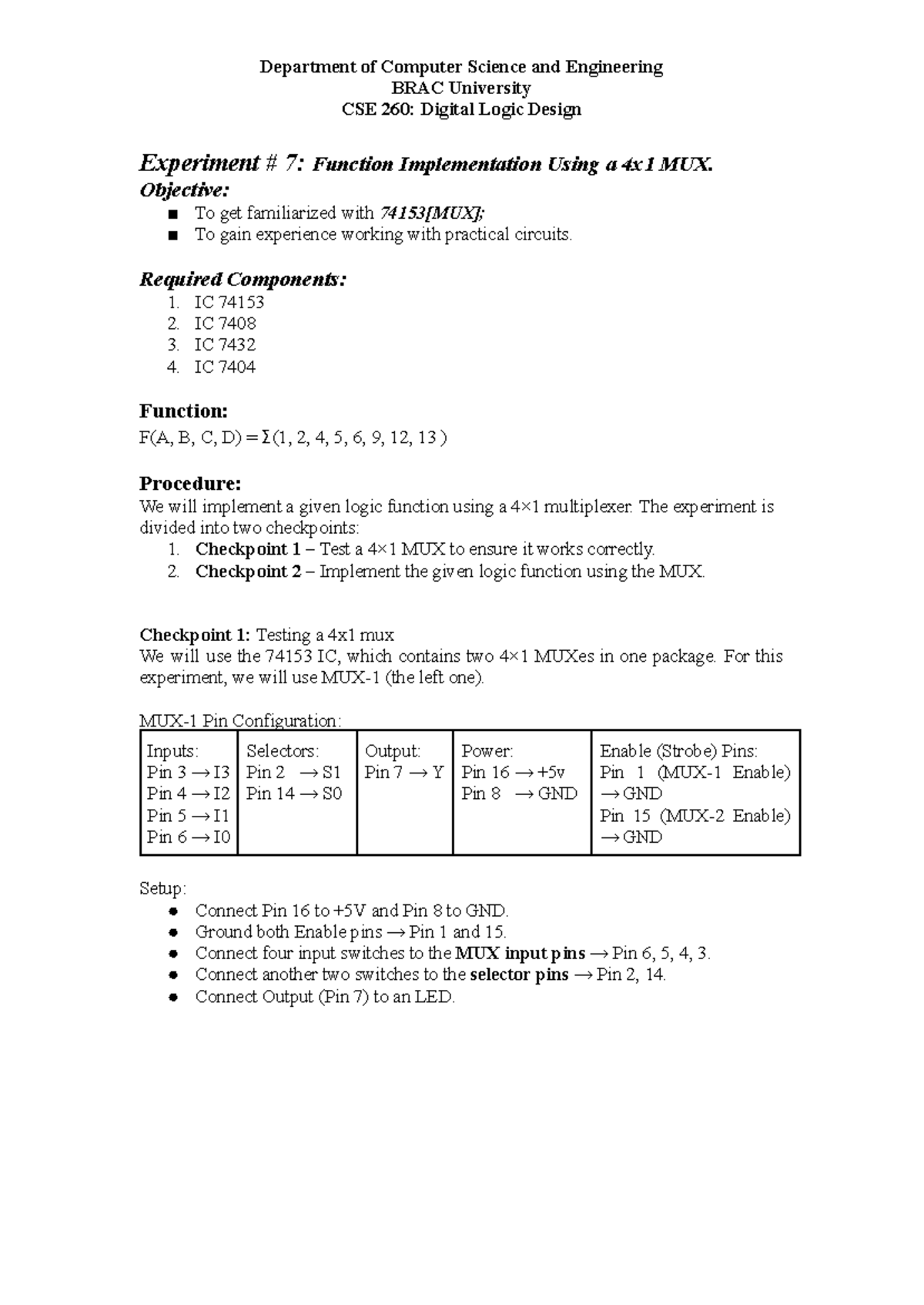 CSE 260: Digital Logic Design Lab 7 - 4x1 MUX Function Implementation ...