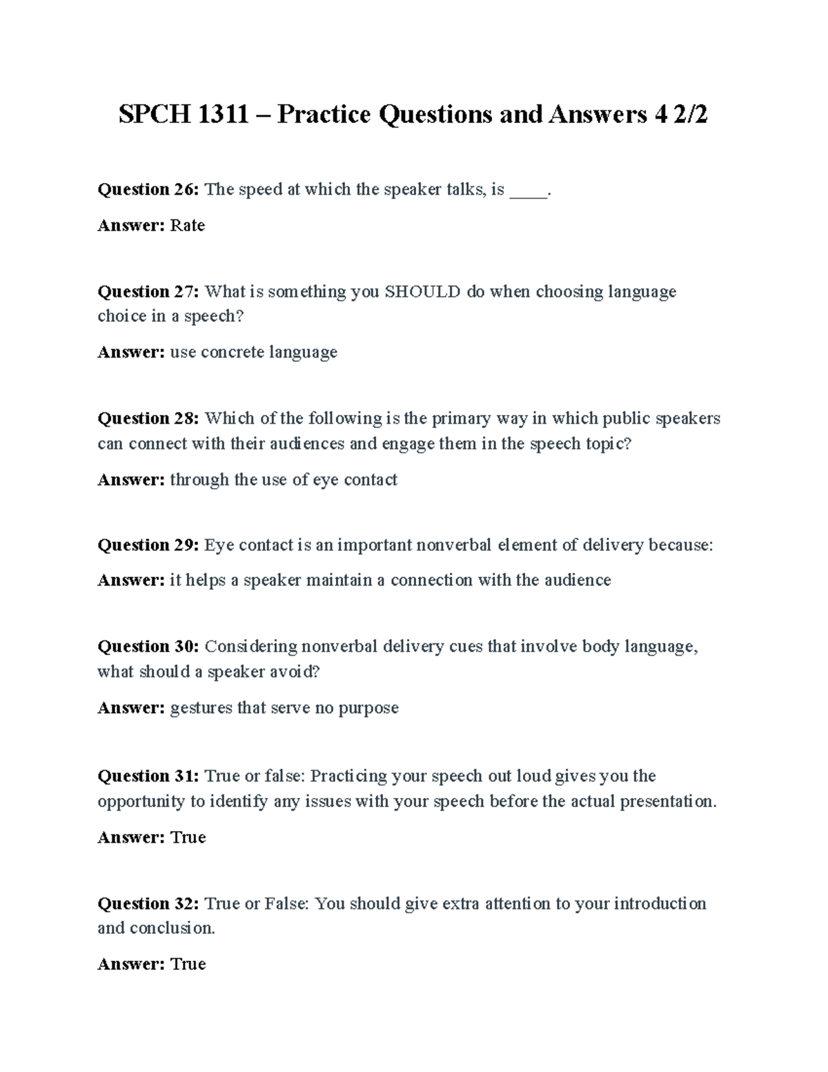 SPCH 1311 – Practice Questions and Answers Set 4 (2 of 2) - Studocu