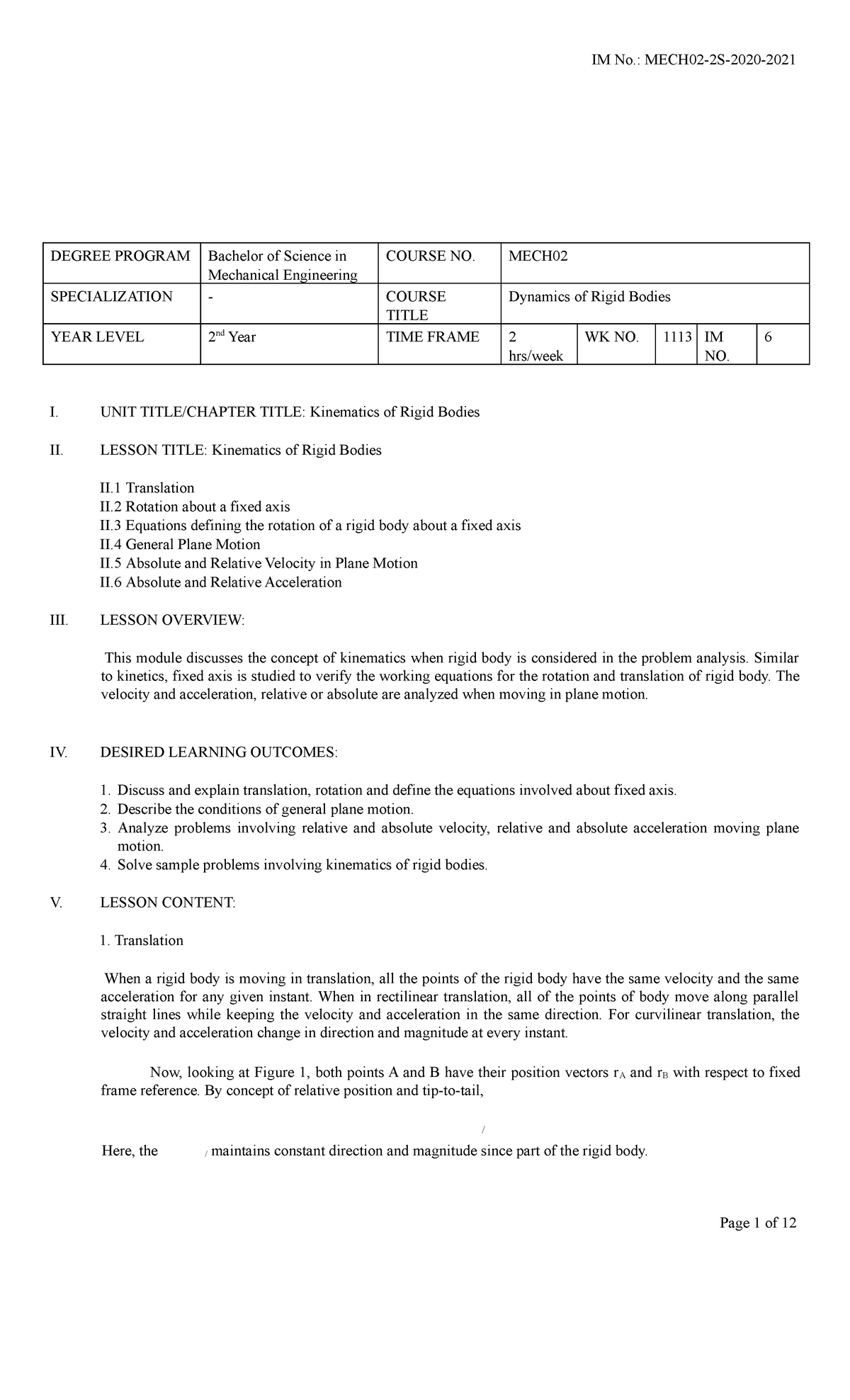 Dynamics of Rigid Bodies MECH Module 6 Week 11-13 Evaluation Notes ...