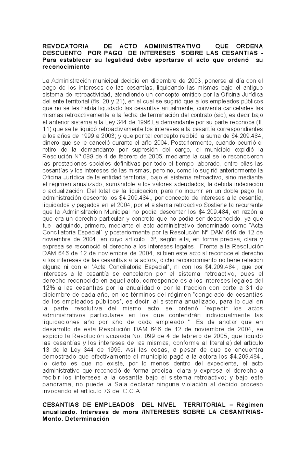 76001 Concurso de Revocatoria de Acto Administrativo: Cesantías y ...