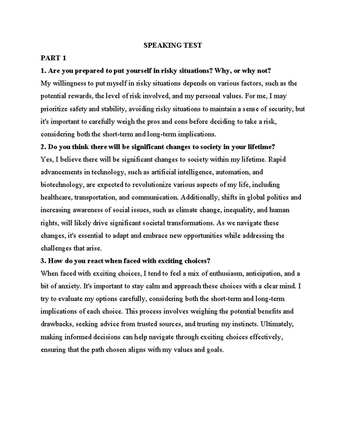 SPEAKING TEST PART 1 & 2: Risks, Societal Changes, and Education Impact ...