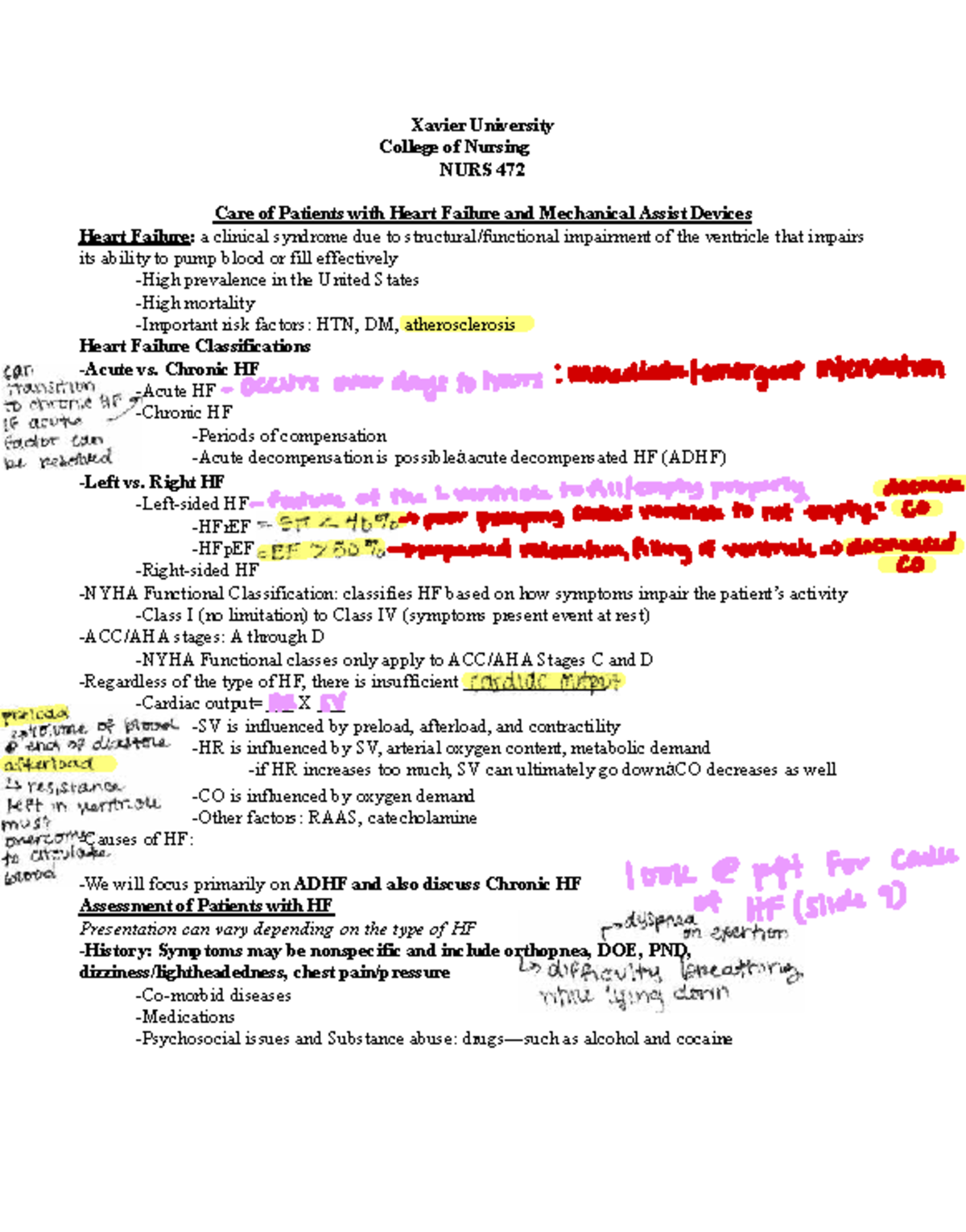 NURS 472 Lecture: Heart Failure & Mechanical Assist Devices - Studocu