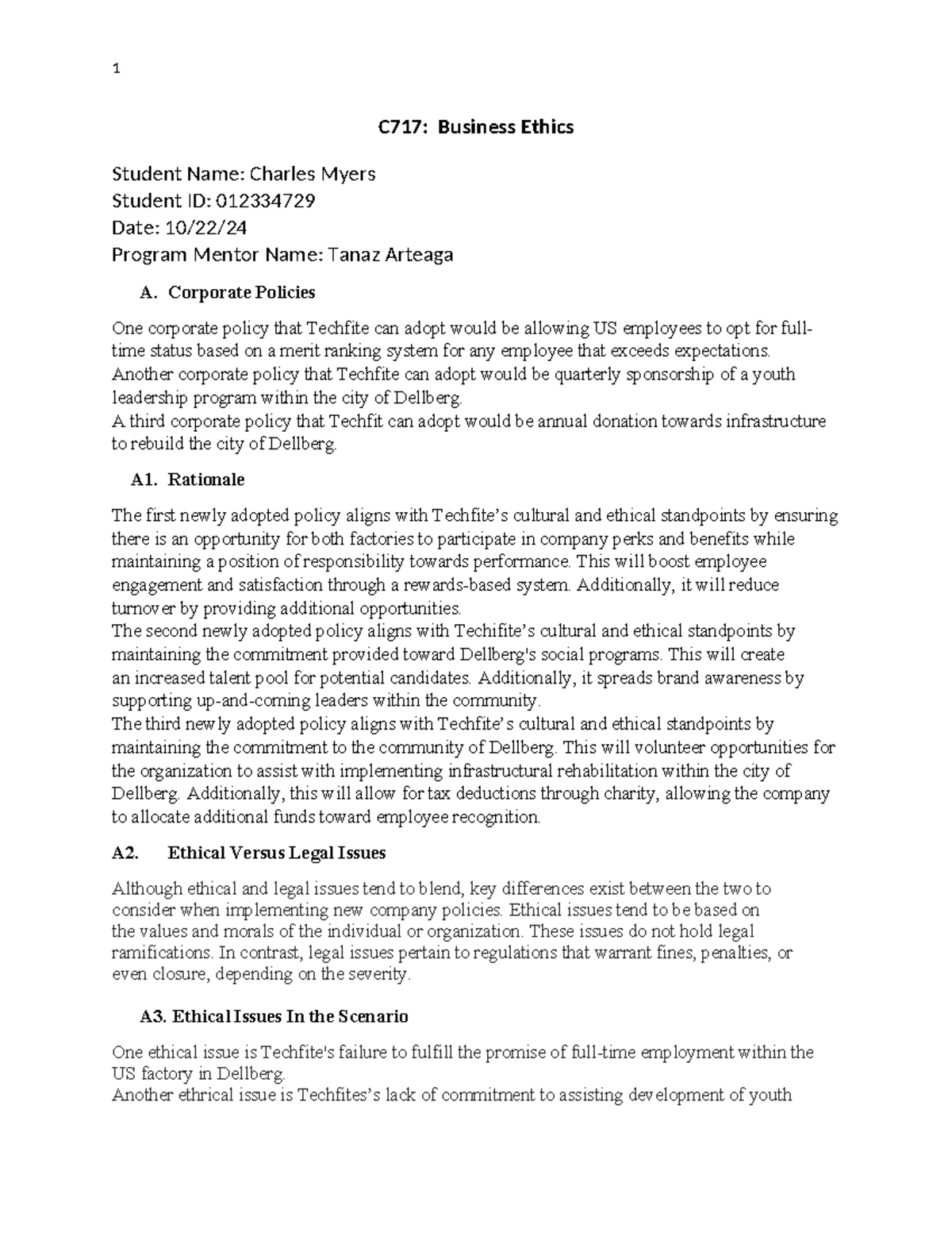 C717 - Task 1 - Charles Myers - 1 C717: Business Ethics Student Name ...