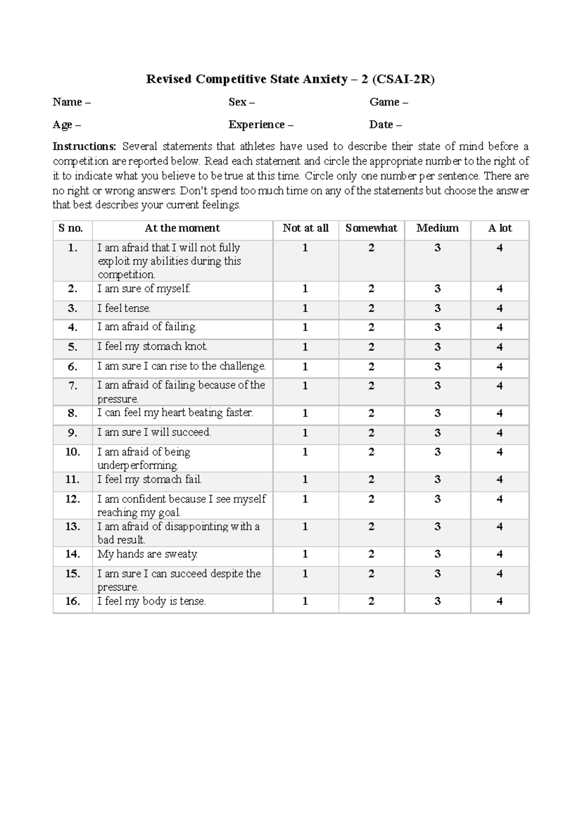 CSAI-2R: Revised Competitive State Anxiety Questionnaire - Studocu