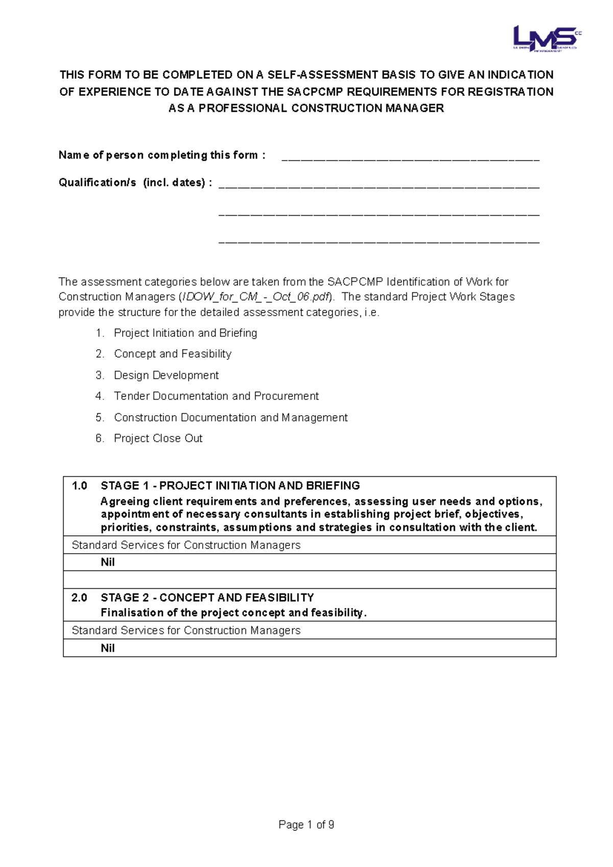 Self-Assessment for SACPCMP Registration as Professional Construction ...
