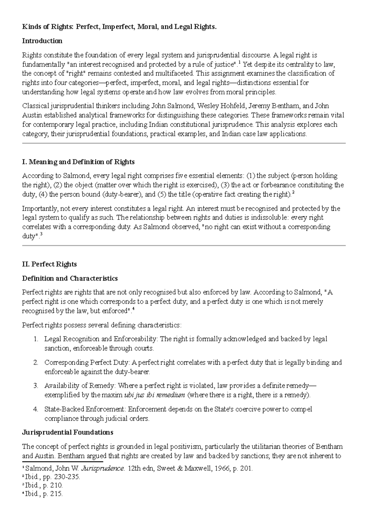KSLU Jurisprudence Assignment: Types of Rights - Perfect, Imperfect ...