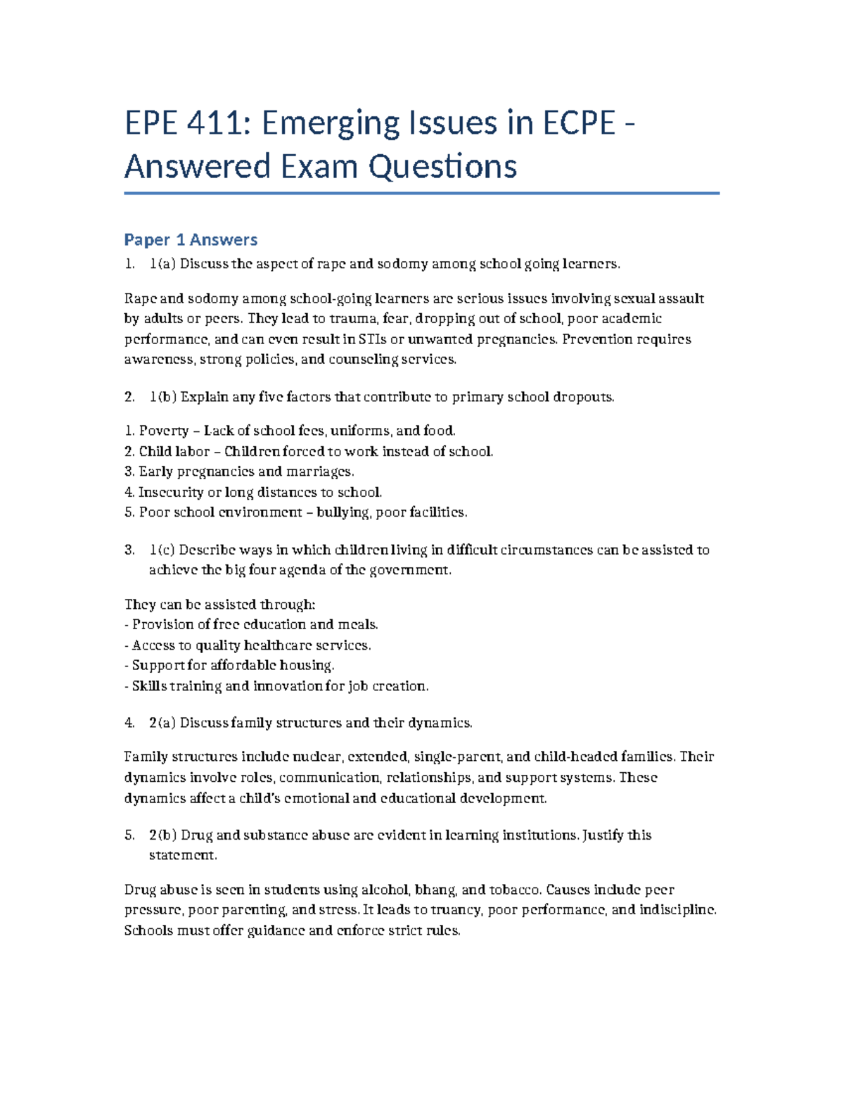 EPE 411 Answered Exam Questions - EPE 411: Emerging Issues in ECPE ...