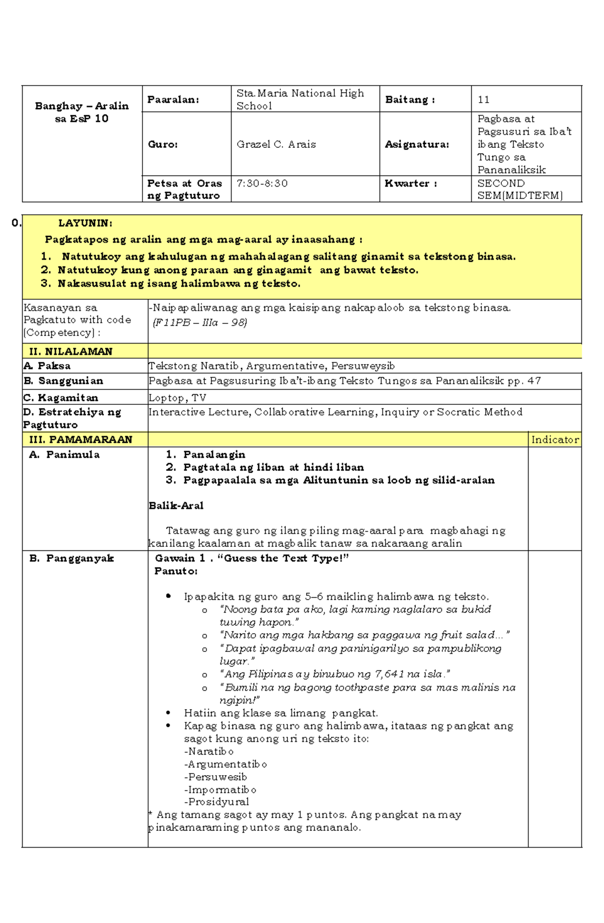 Banghay Aralin sa EsP 10: Pagbasa at Pagsusuri ng Teksto (Midterm ...